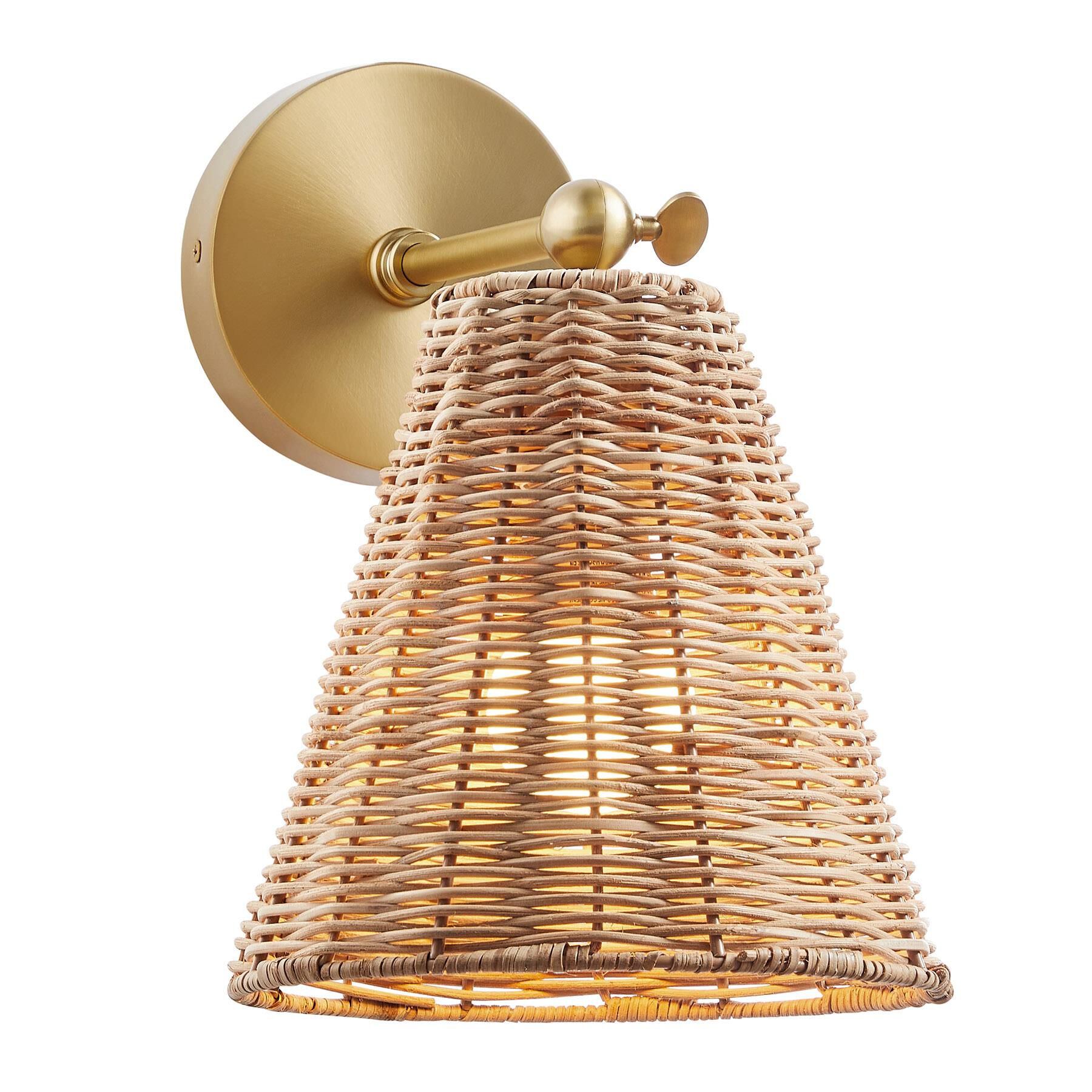 Shown in Natural Brass finish and Rattan shade