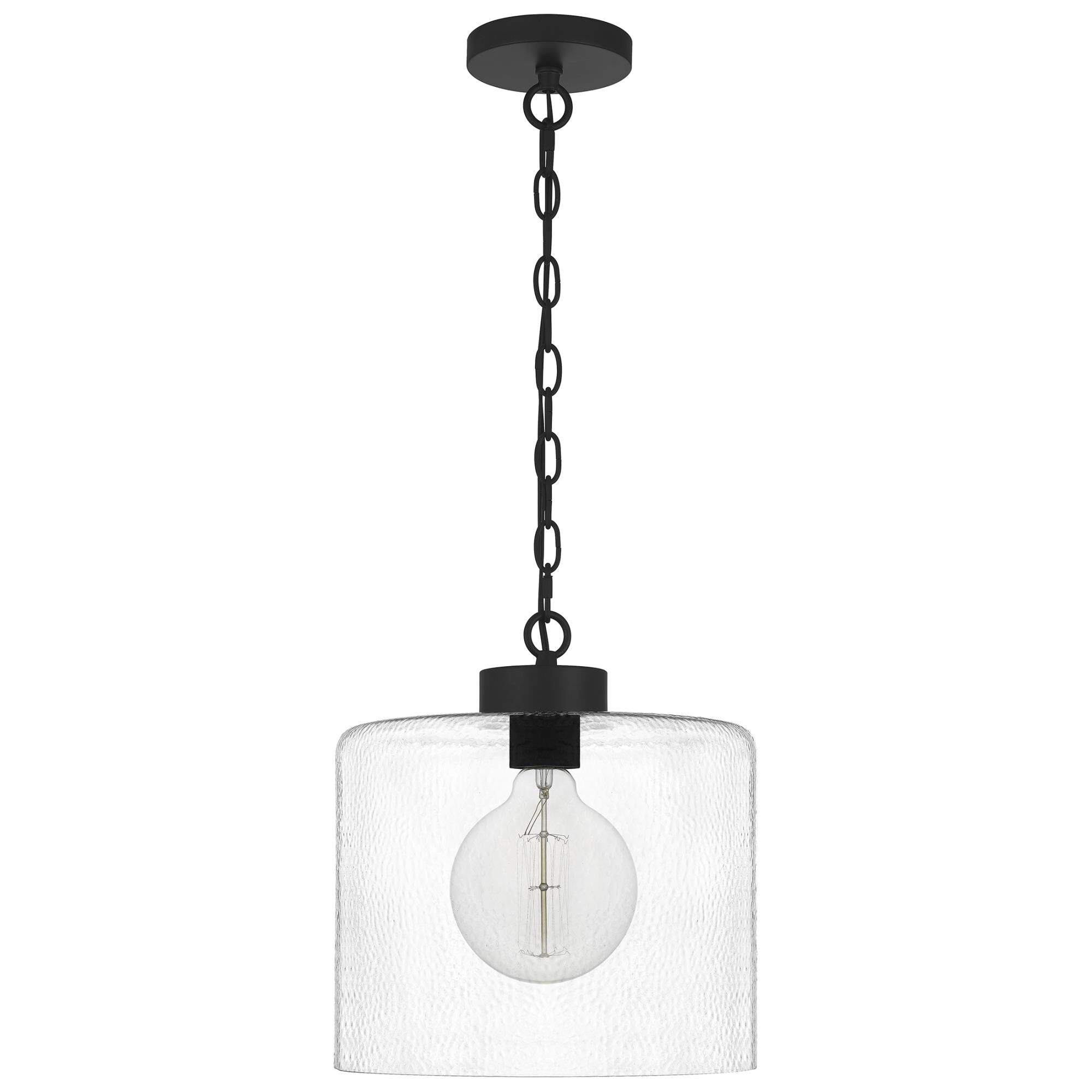 Shown in Matte Black finish and Clear Hammered Glass shade