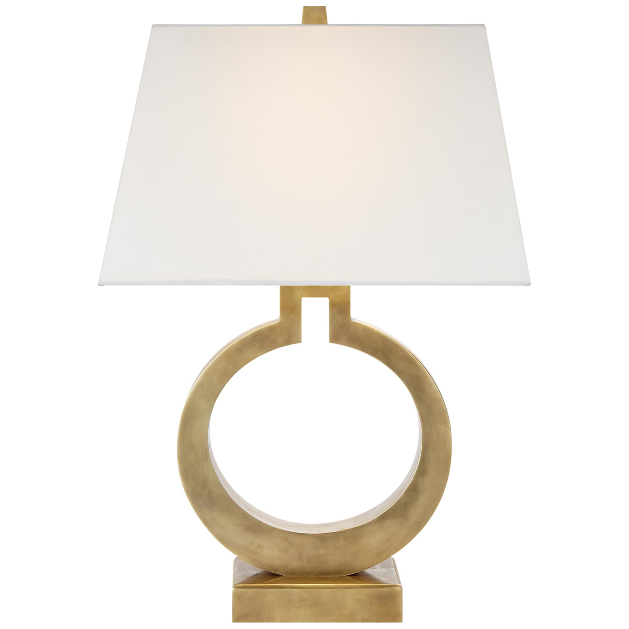 Shown in Antique-Burnished Brass finish and Linen Rectangle shade