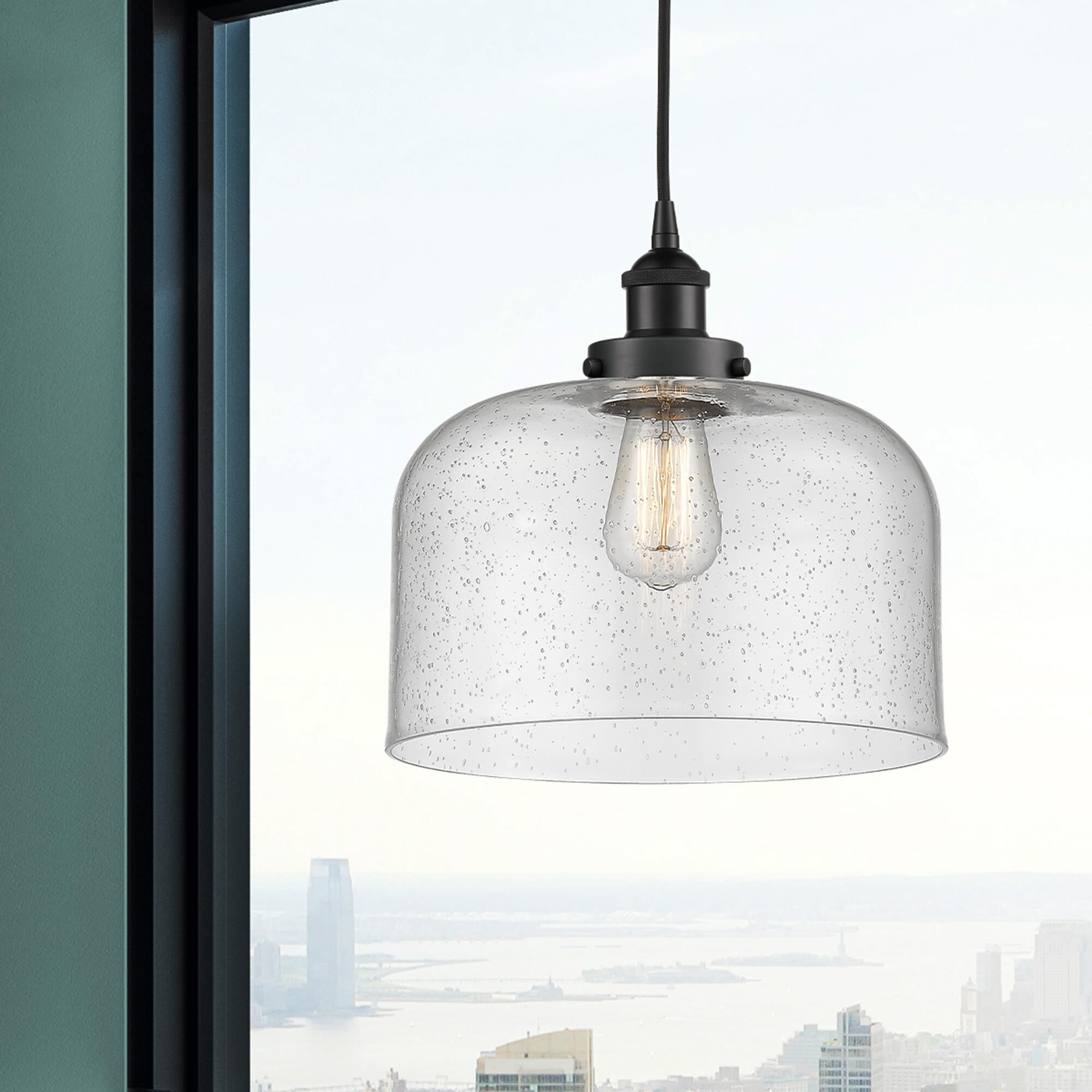 Shown in Matte Black finish and Seedy X-Large Bell glass