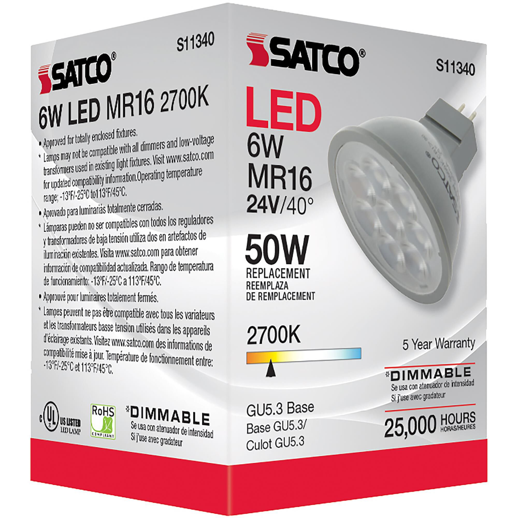 Dimmable 6 Watt 2700K MR16 LED Light Bulb by Satco