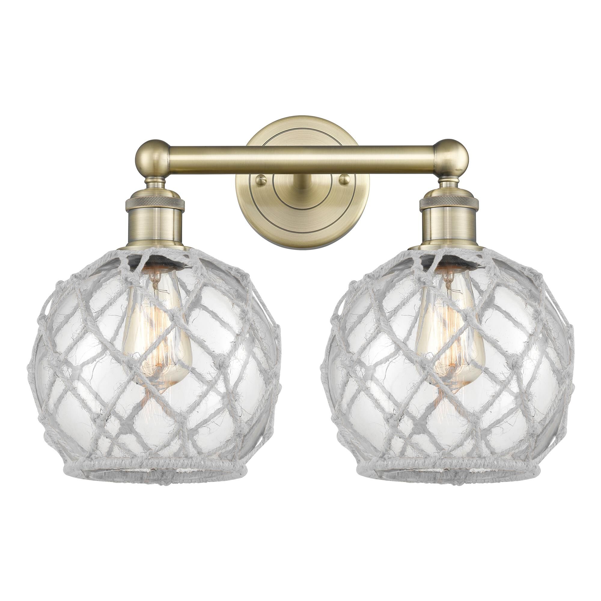Shown in Antique Brass finish and Clear with White Rope glass