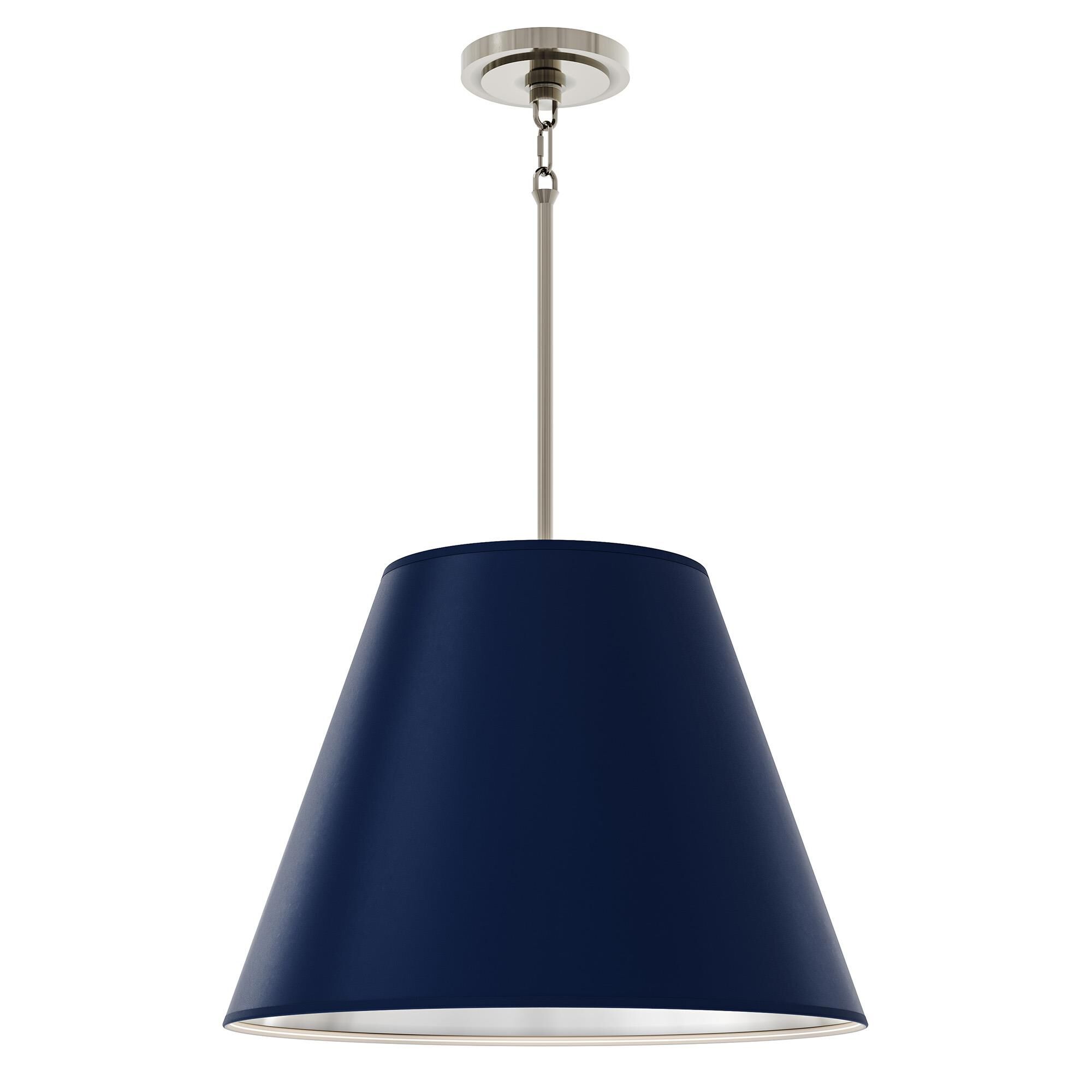 Shown in Polished Nickel finish and Matte Midnight Blue with Matte Silver Interior shade