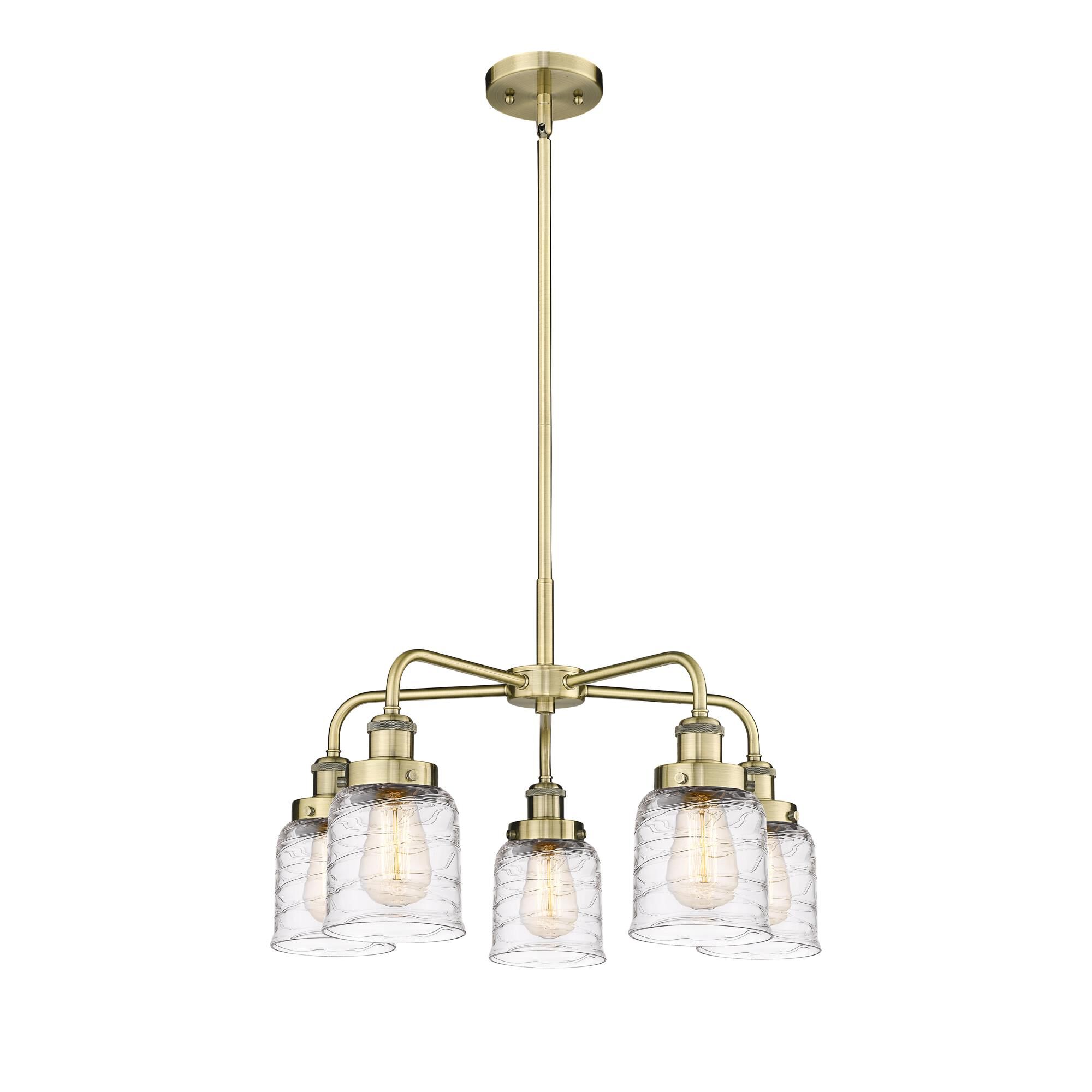 Shown in Antique Brass finish and Clear Deco Swirl glass