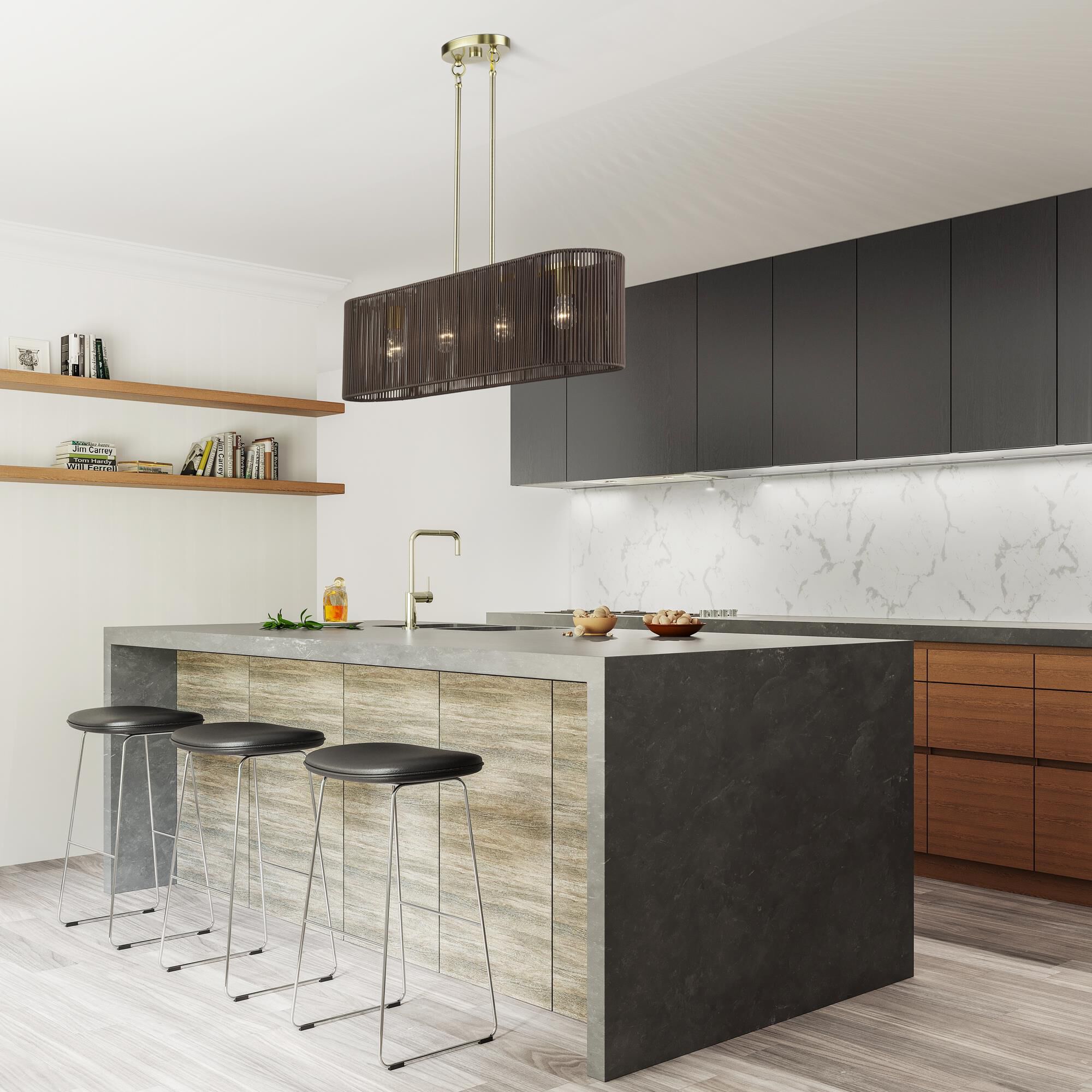 Shown in Antique Brass finish and Hand-Woven Dark Chocolate Color Polyester Rope shade