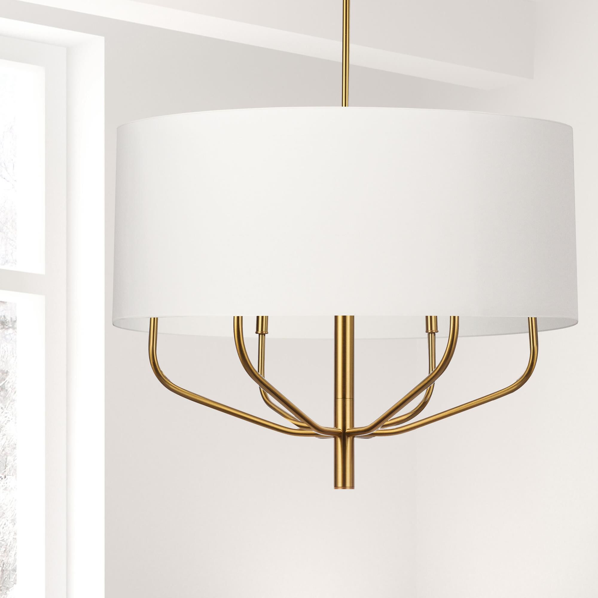 Shown in White and Aged Brass finish and White Fabric Drum shade