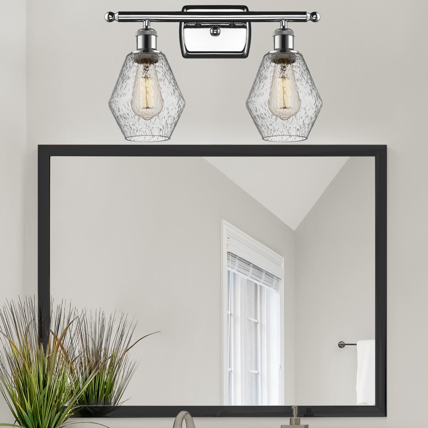 Shown in Polished Chrome  finish and Seedy glass