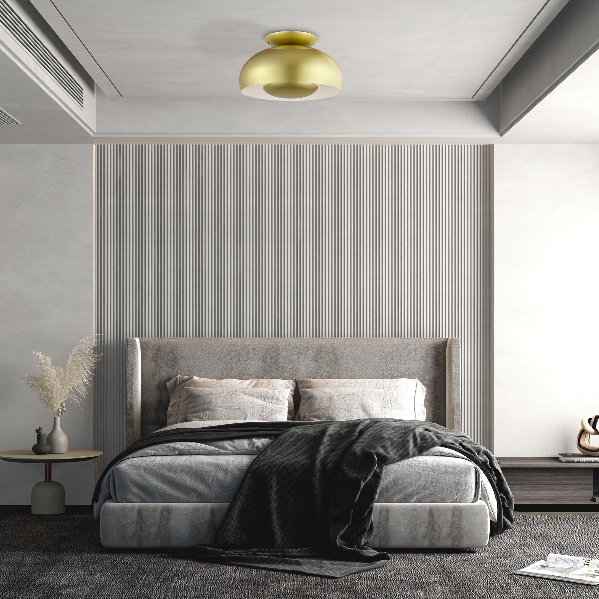 Shown in Soft Gold finish and Soft Gold Steel with Shiny White Inside shade