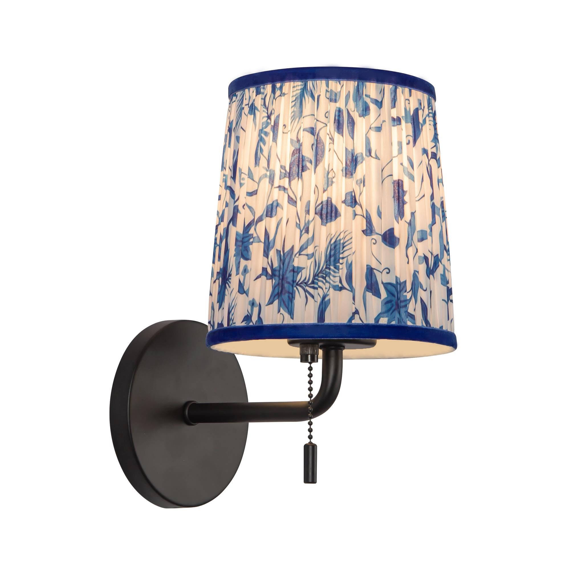 Shown in Matte Black finish and Blue Linen shade