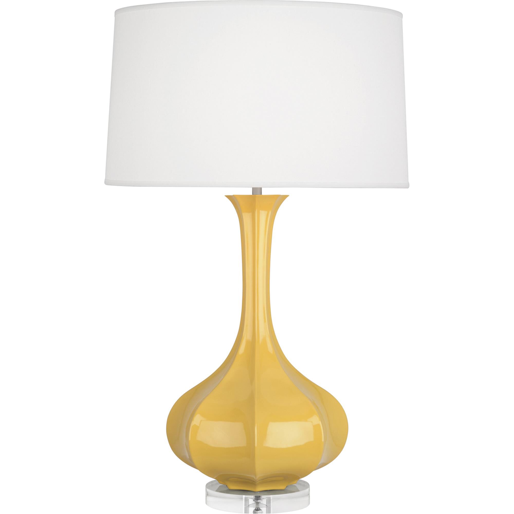 Shown in Sunset Yellow Glazed Ceramic With Lucite Base finish and Pearl Dupoini Fabric shade