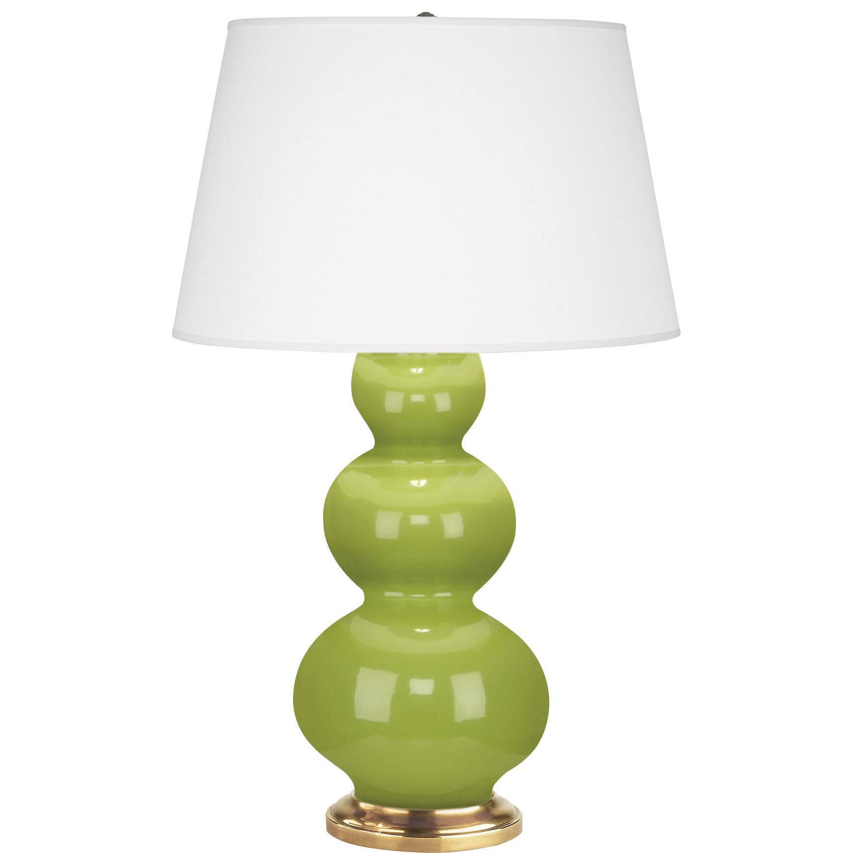 Shown in Apple Glazed Ceramic With Antique Natural Brass ed Accents finish and Pearl Dupioni Fabric shade