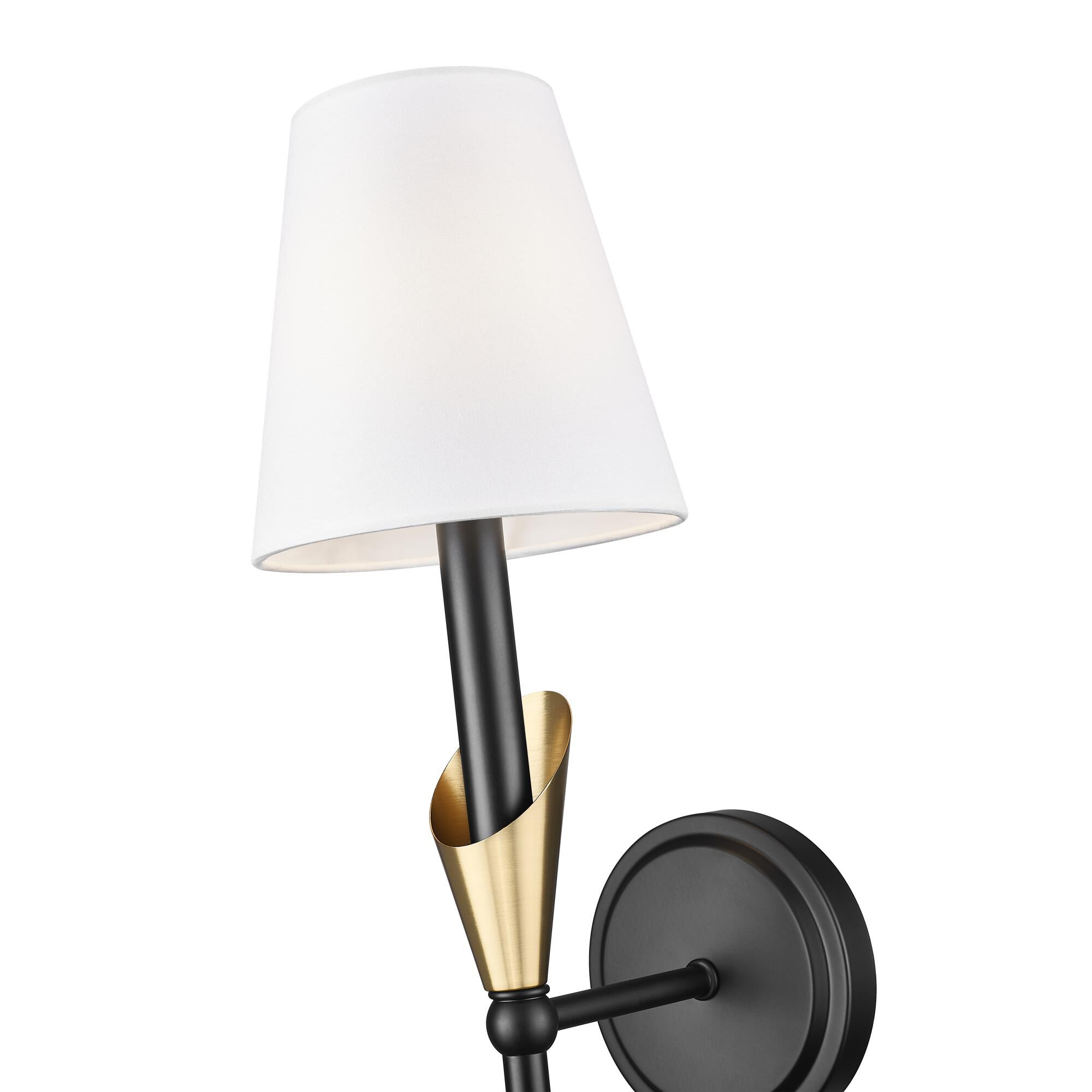 Shown in Matte Black And Modern Gold finish and White glass and White shade