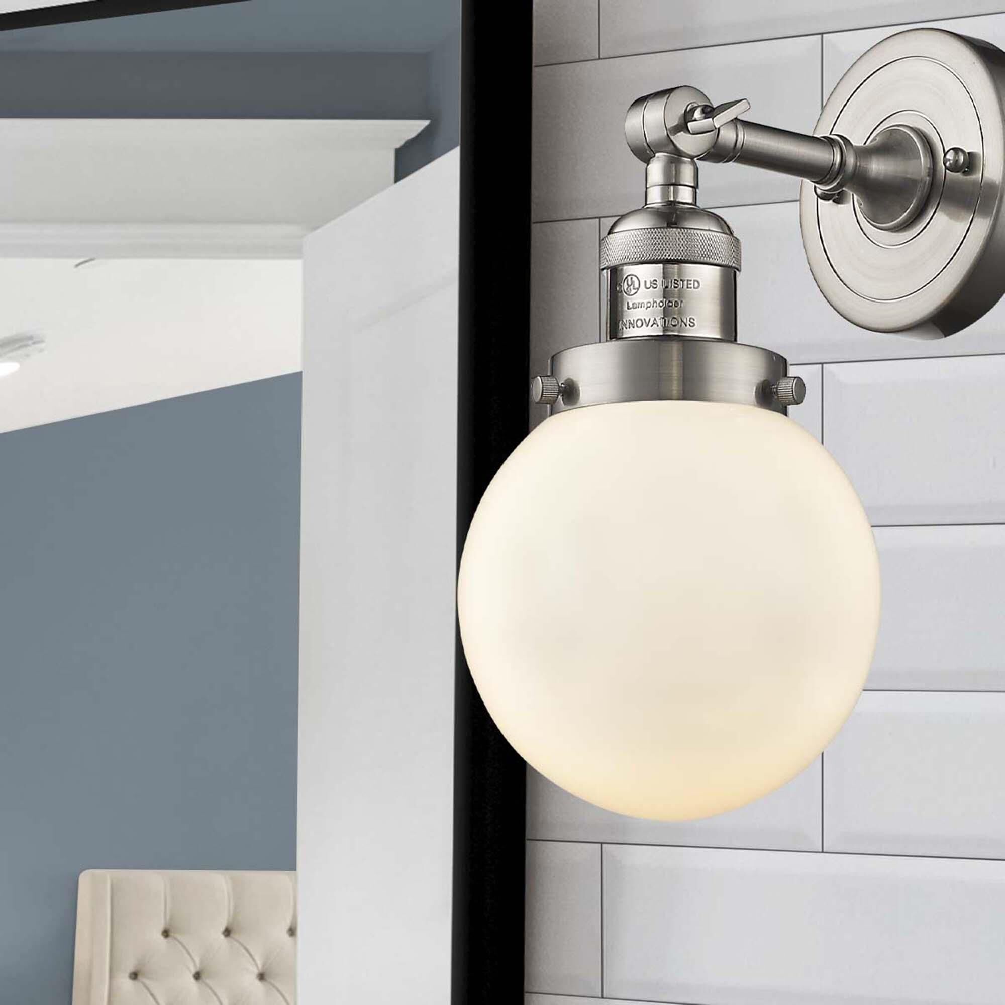 Shown in Brushed Satin Nickel finish and Matte White Cased glass and No Accent accent
