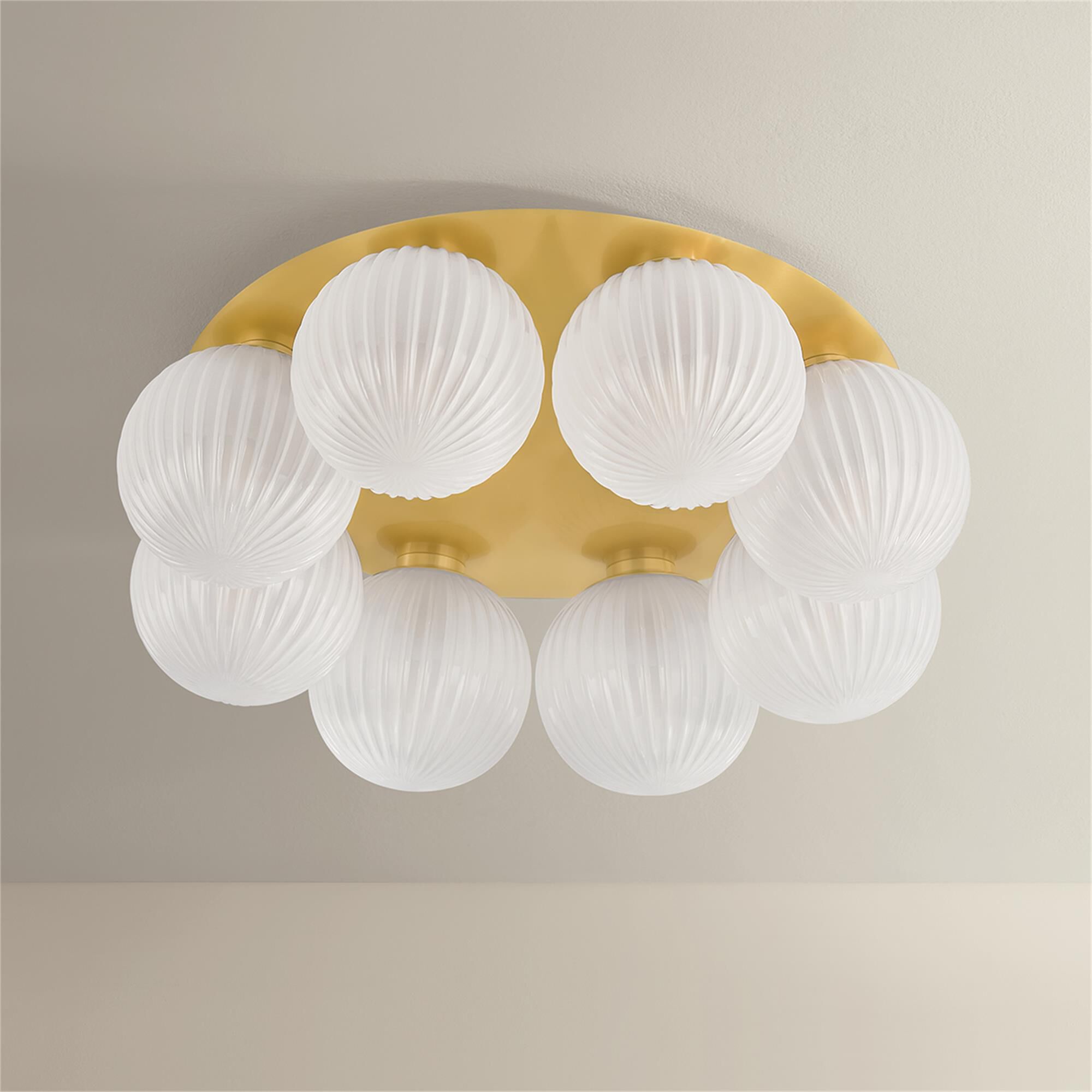 Shown in Vintage Polished Brass finish and Clear Etched glass