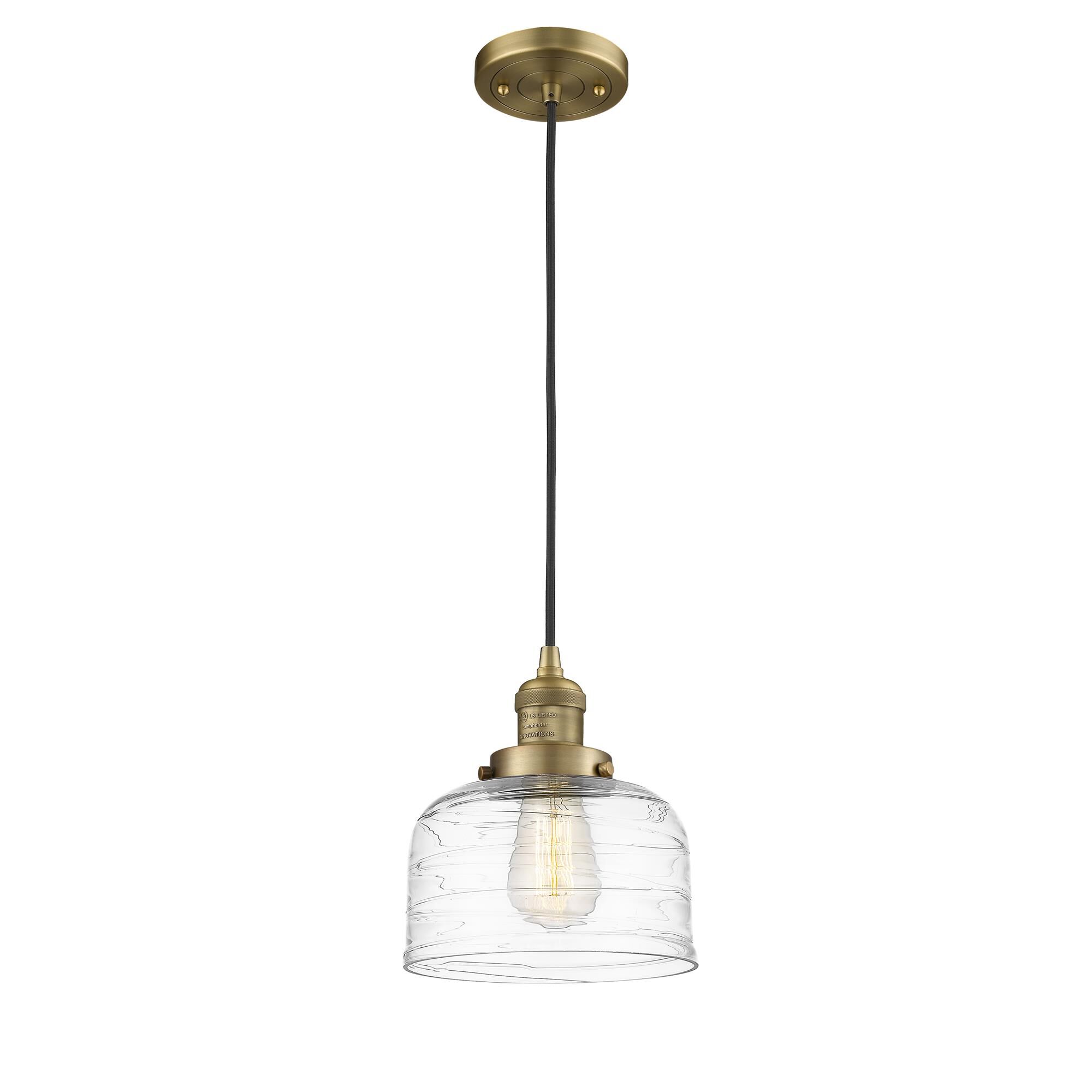 Shown in Brushed Brass finish and Clear Deco Swirl Large Bell glass