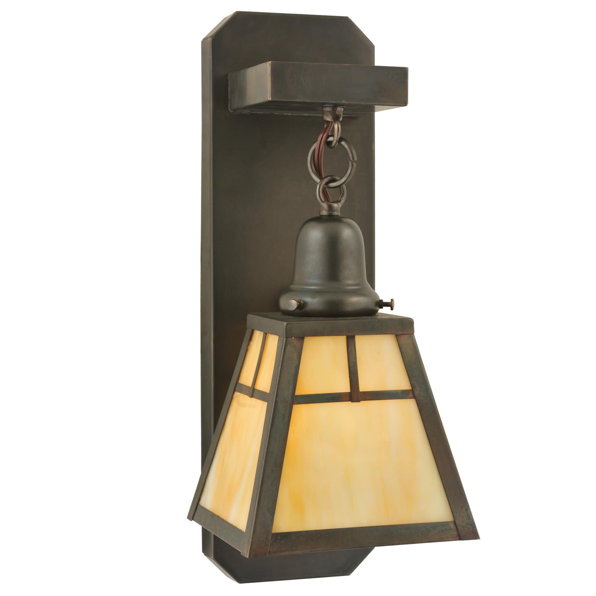 Shown in Craftsman Brown Finish finish and Iridized Beige glass