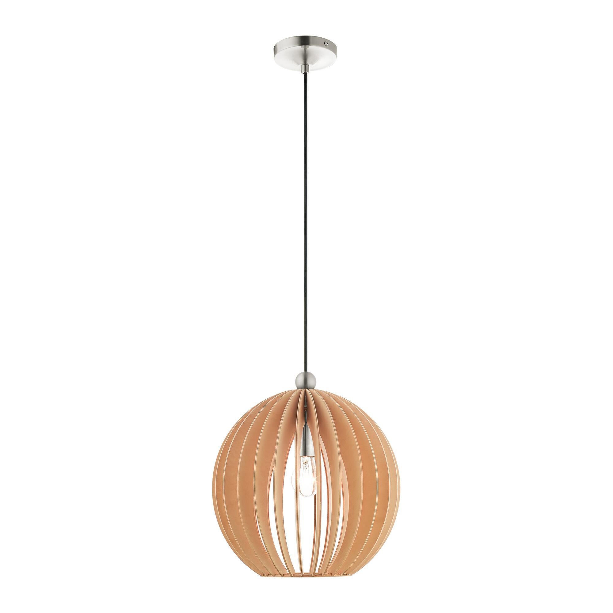 Shown in Brushed Nickel finish and Round Wood Shade glass and Round Wood shade
