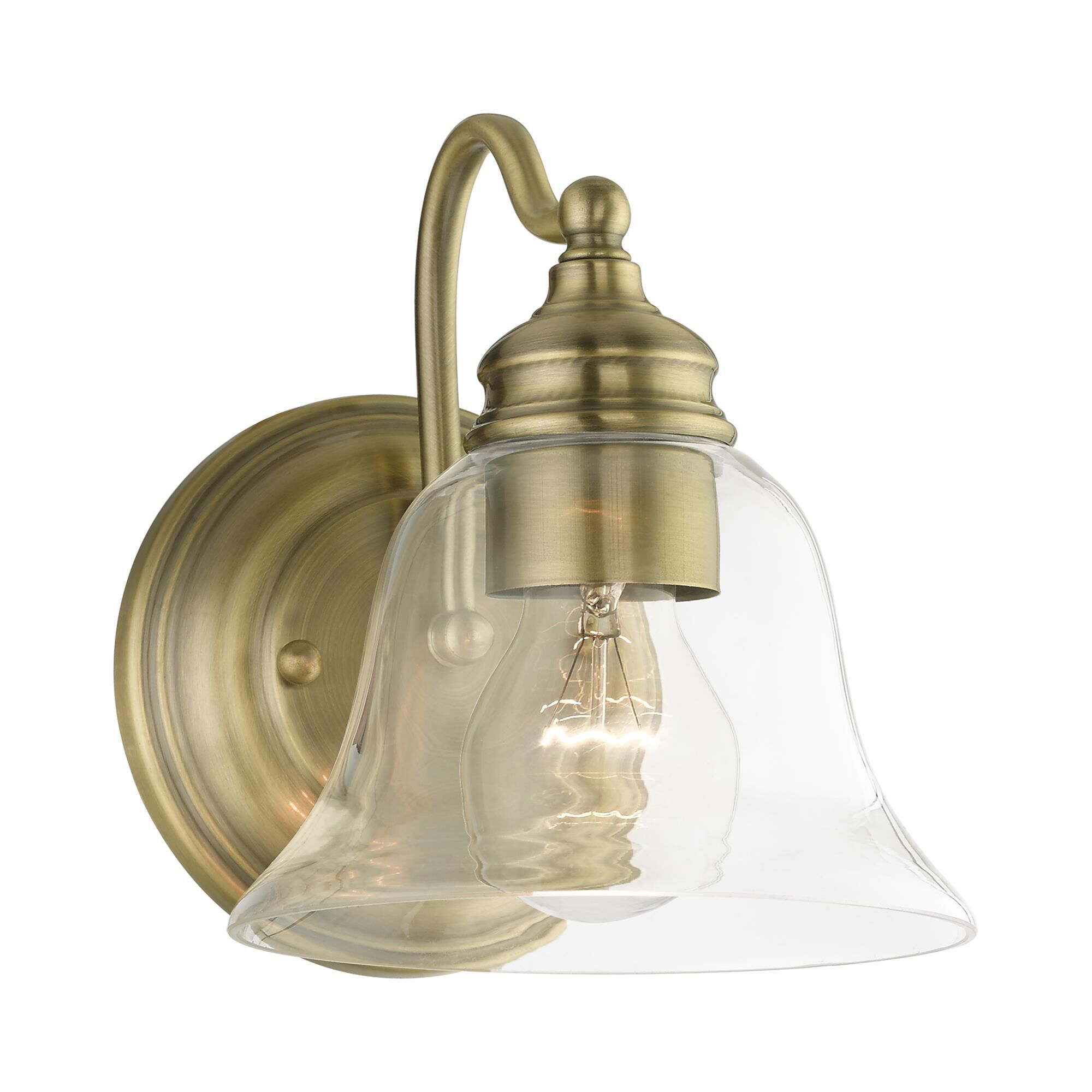 Shown in Antique Brass finish and Hand Blown Clear glass