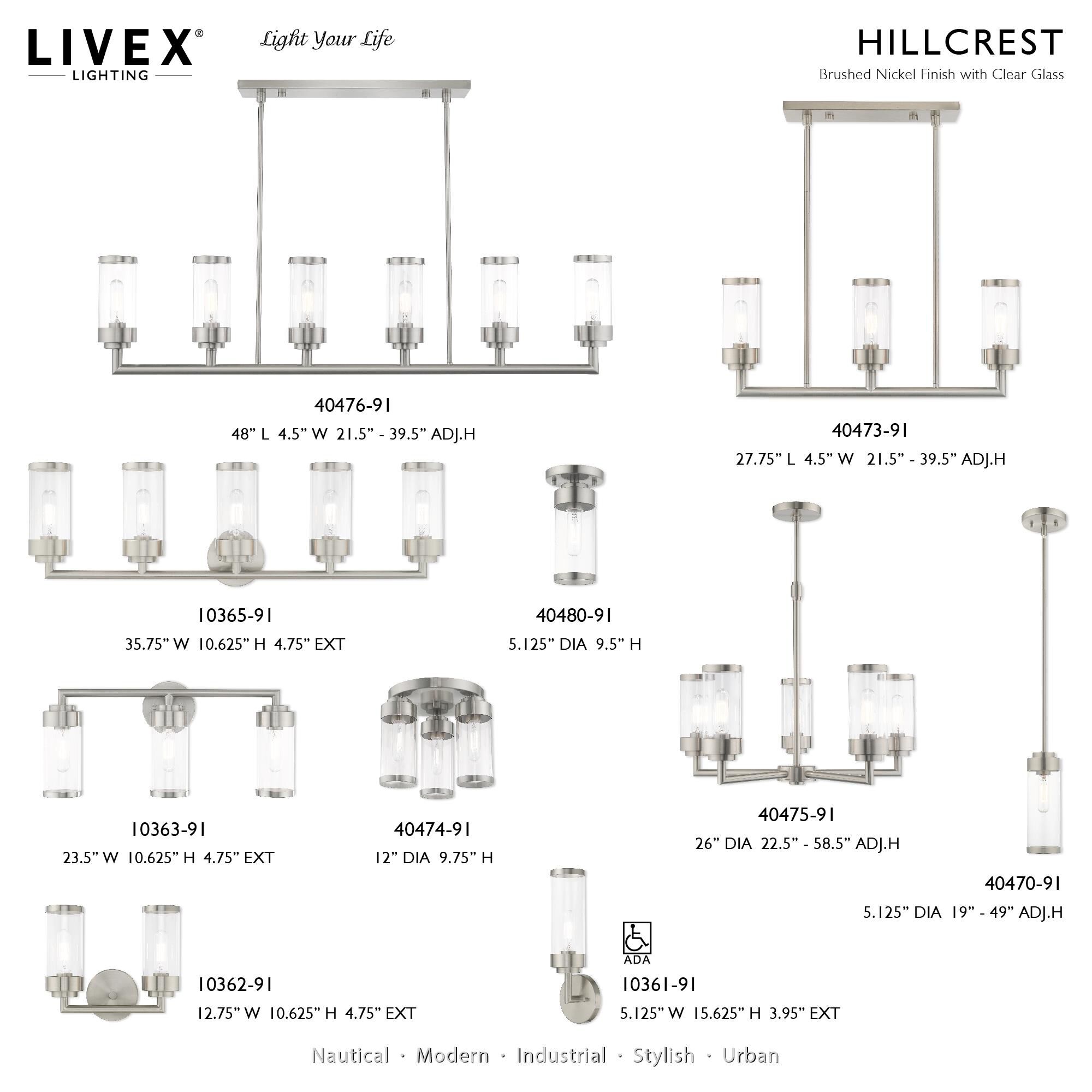 Shown in Brushed Nickel finish and Clear glass