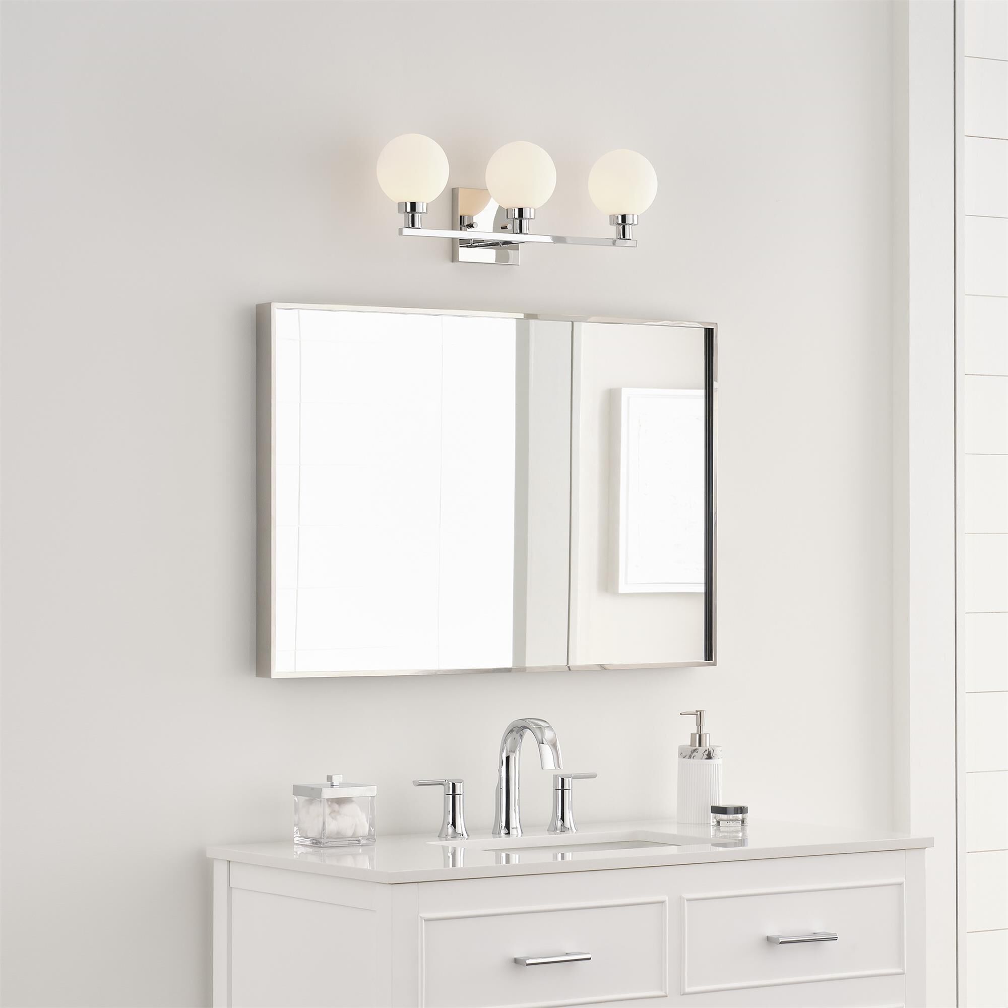 Shown in Chrome finish and Milk glass