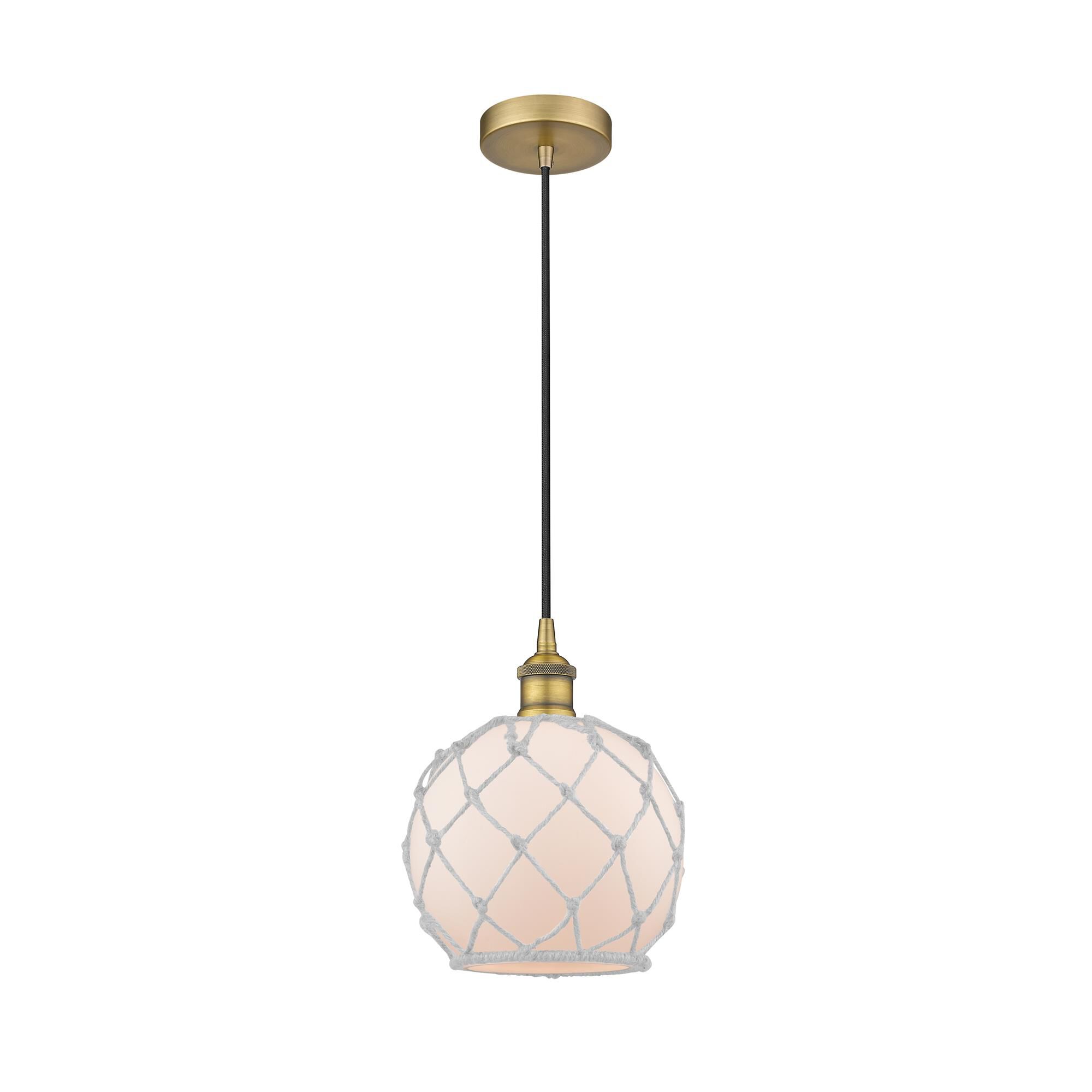Shown in Brushed Brass finish and White Farmhouse With White Rope glass