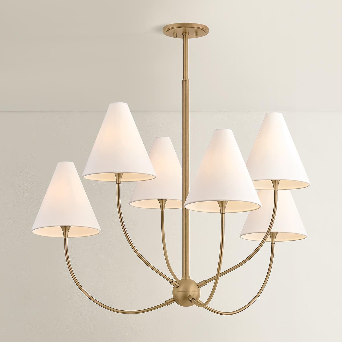 Shown in Patina Brass finish and Off White Linen shade
