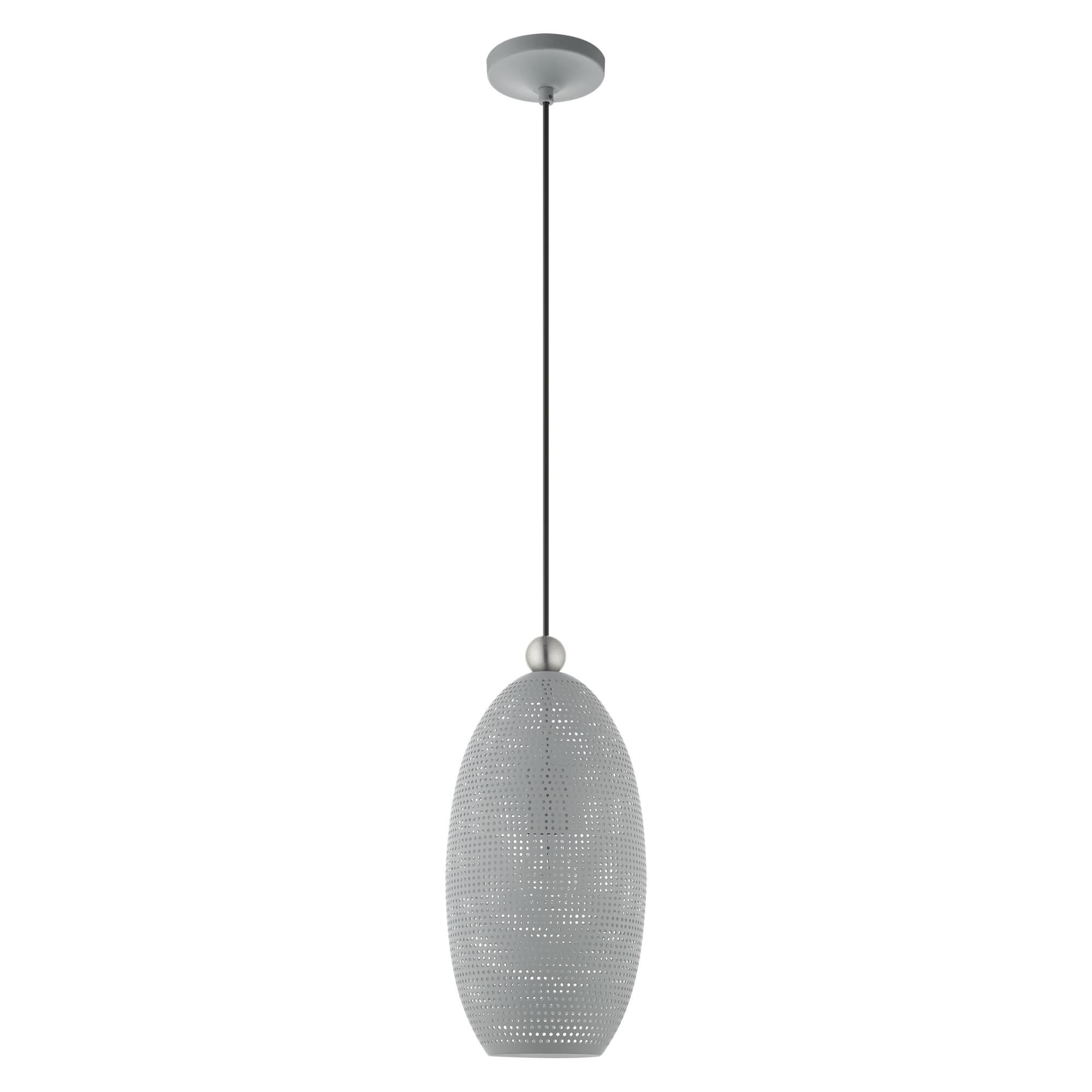 Shown in Nordic Gray With Brushed Nickel Accents finish and Nordic Gray Ornamental Metal Shade With White Finish Inside glass and Nordic Gray Ornamental Metal  With White Finish Inside shade
