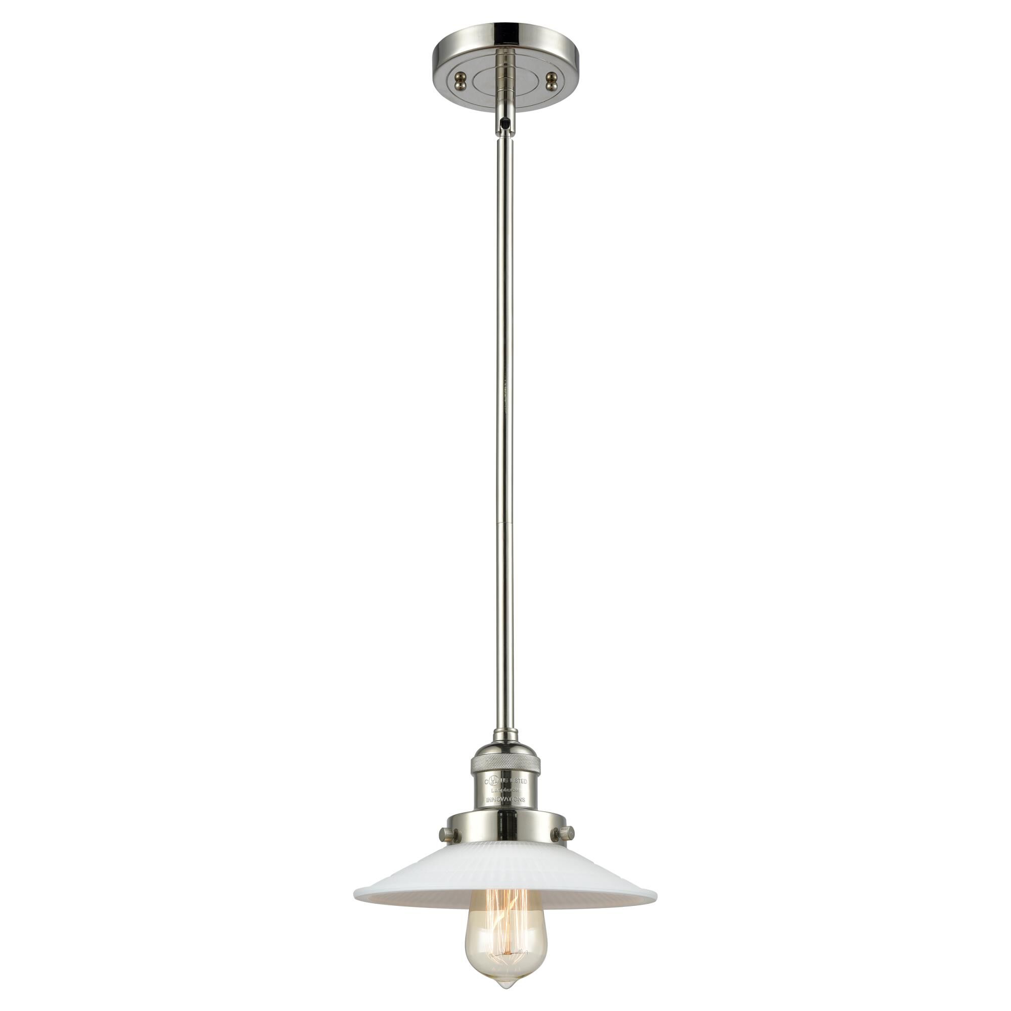 Shown in Polished Nickel finish and Matte White Halophane - Cone glass