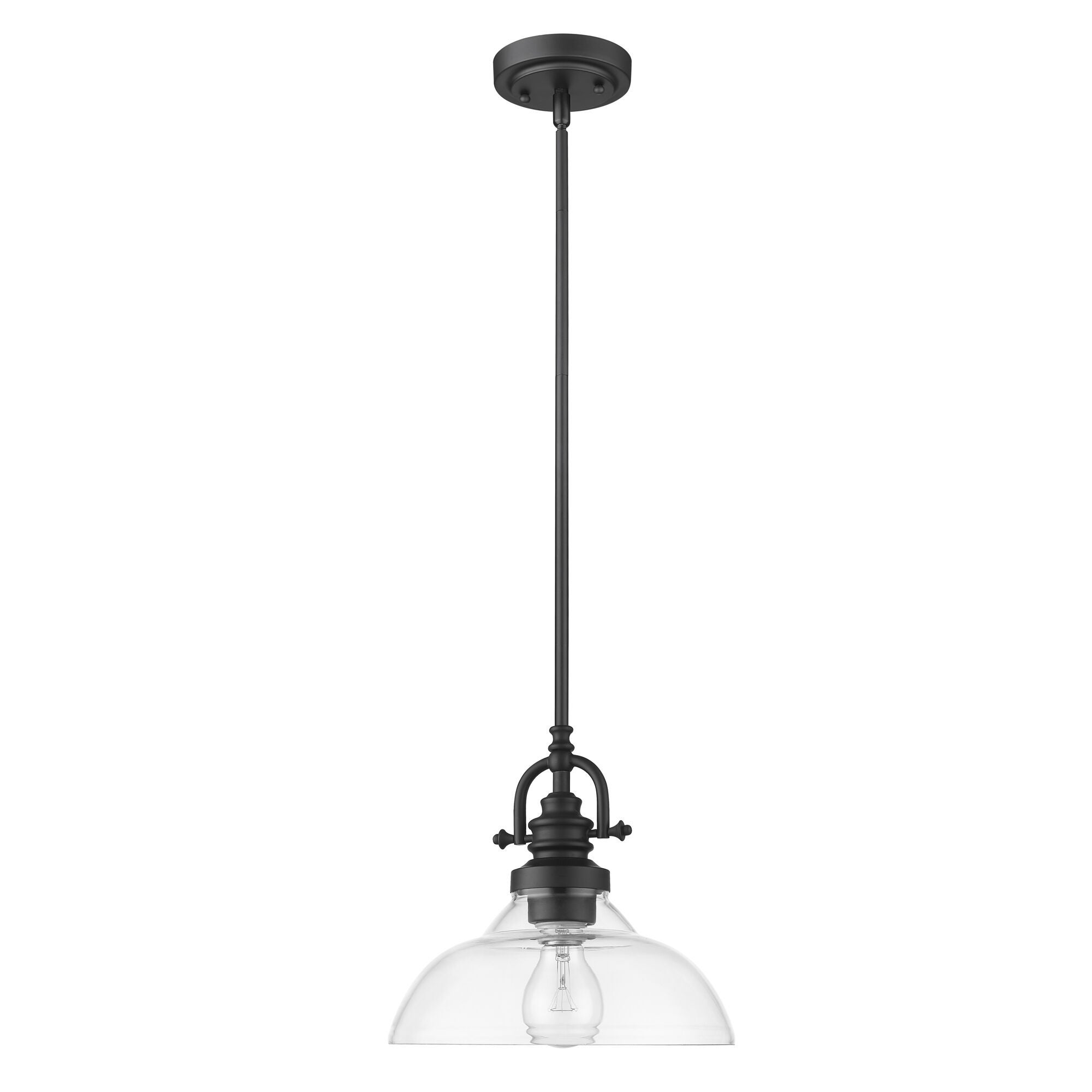 Shown in Matte Black finish and Clear glass and Clear Glass Dome Shaped shade