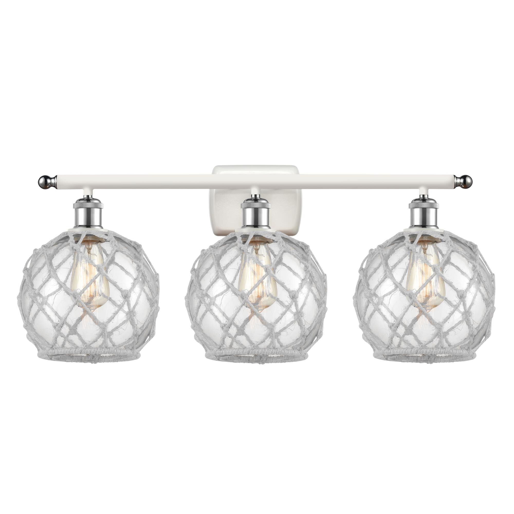 Shown in White And Polished Chrome finish and Sphere glass and Glass And Rope shade and Polished Chrome accent