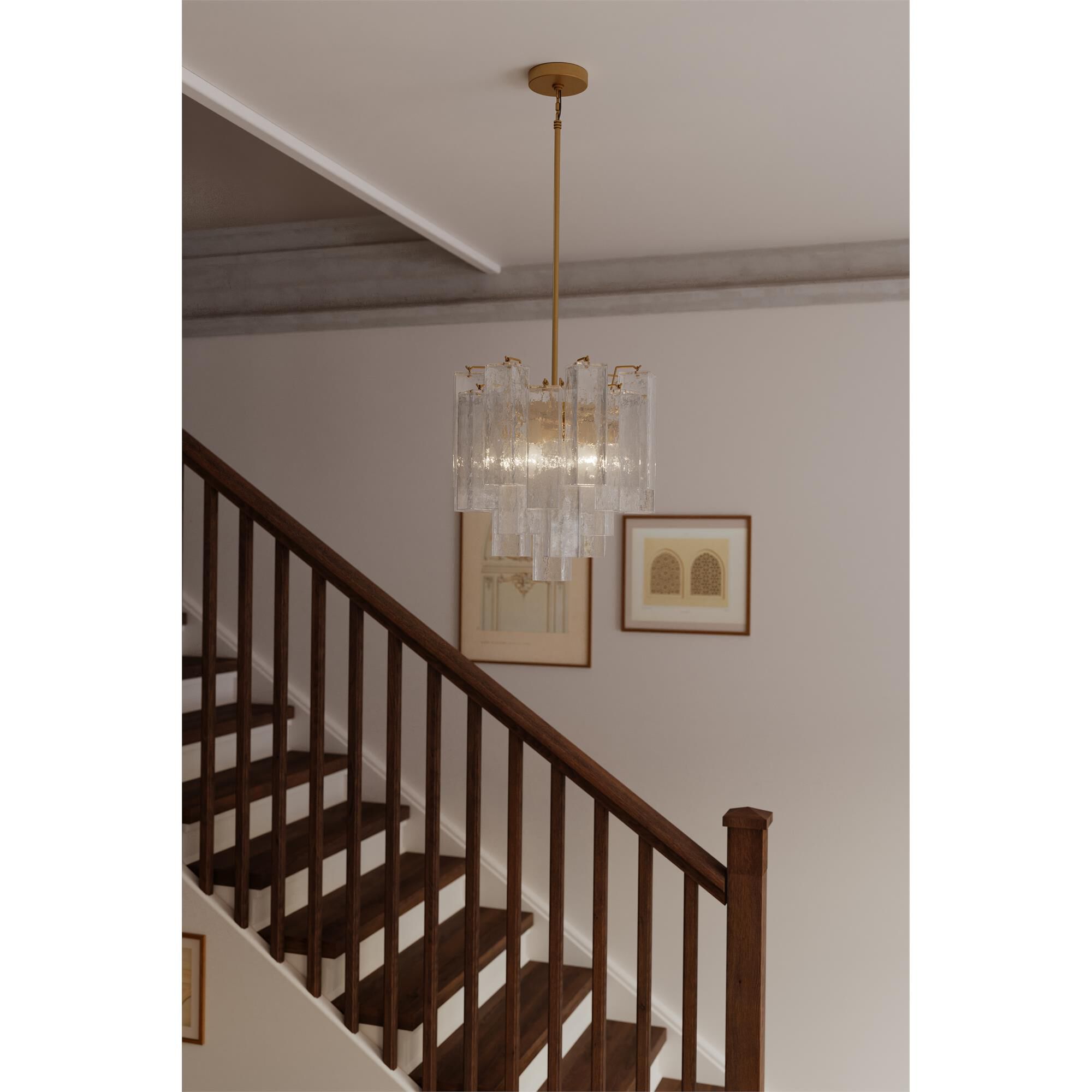 Shown in Legacy Brass finish and Clear Handmade glass