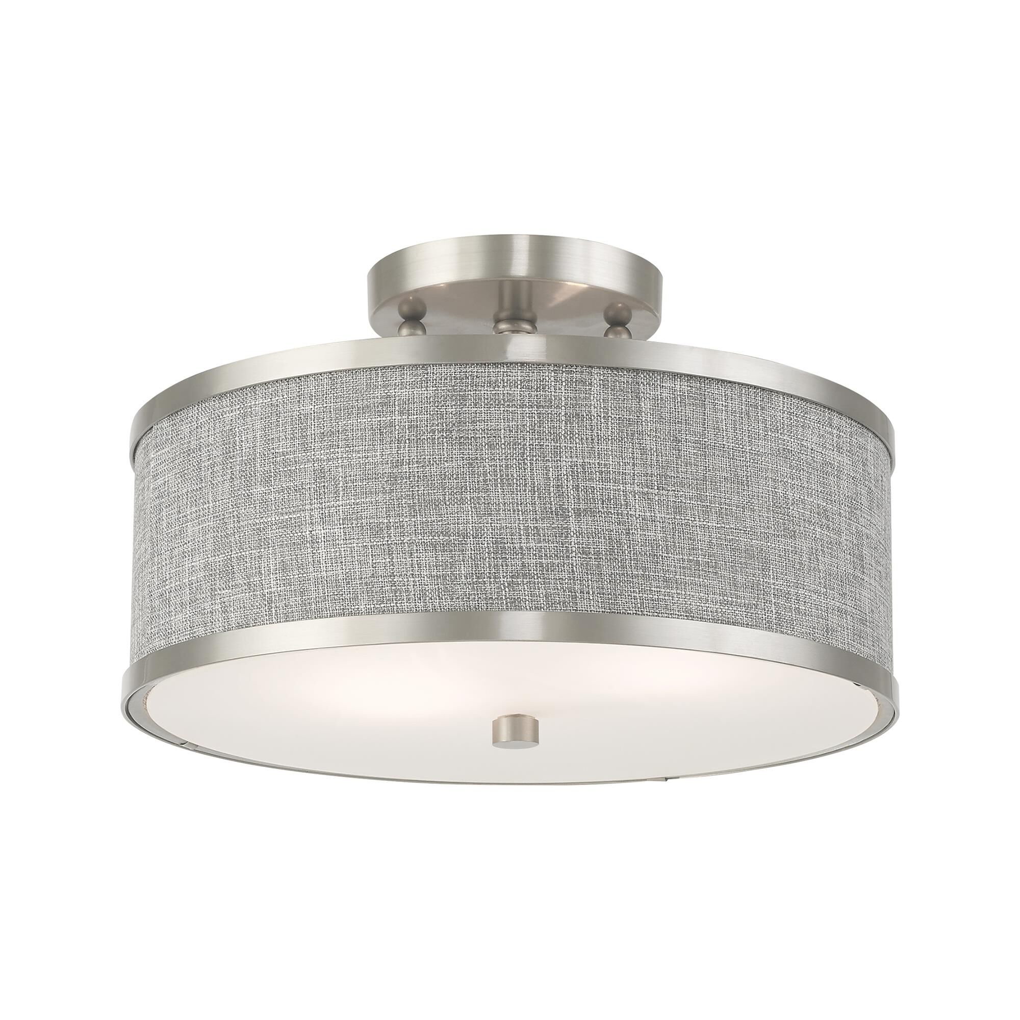 Shown in Brushed Nickel finish and Hand Crafted Gray Fabric Hardback shade