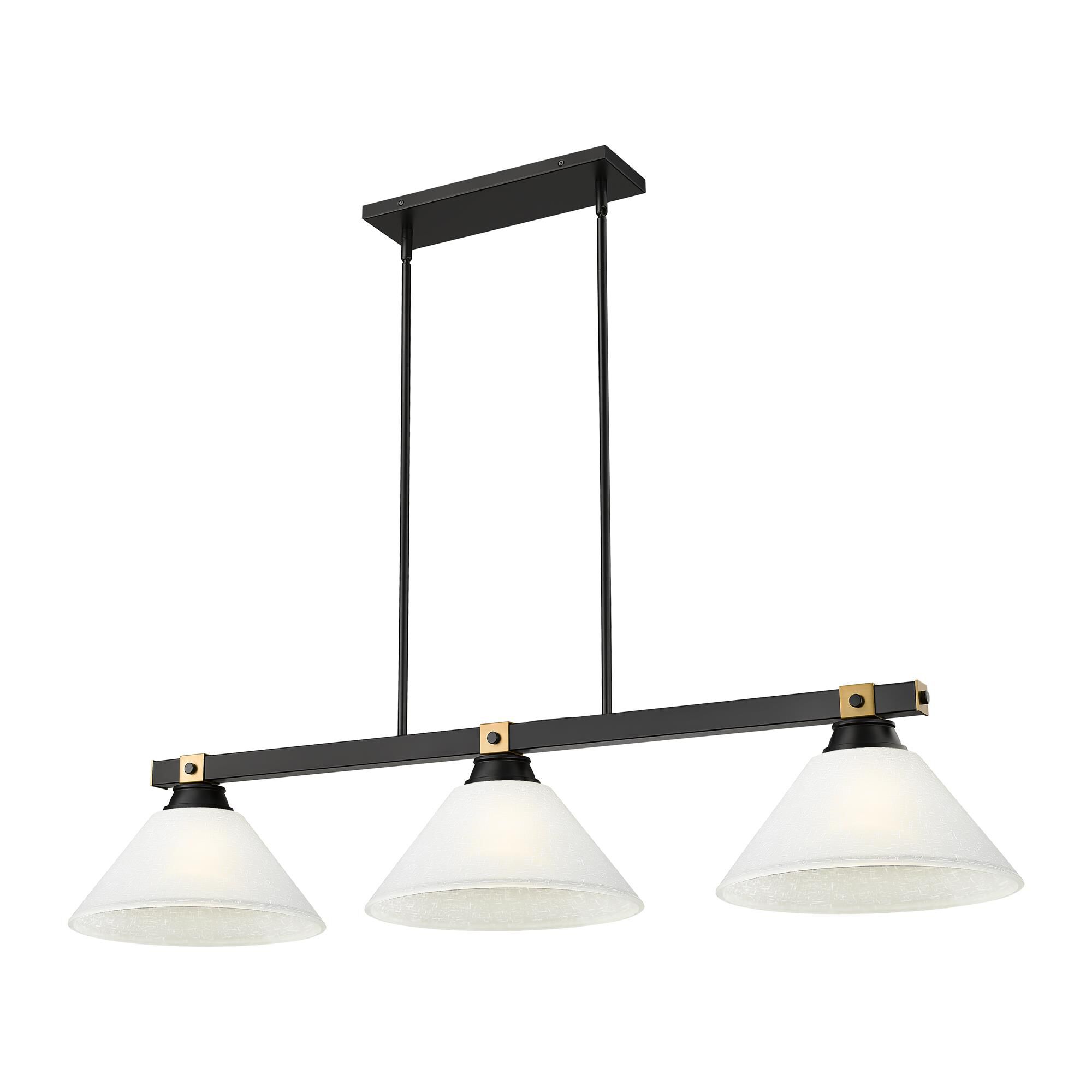 Shown in Matte Black + Rubbed Brass finish and White Linen glass and White Linen shade