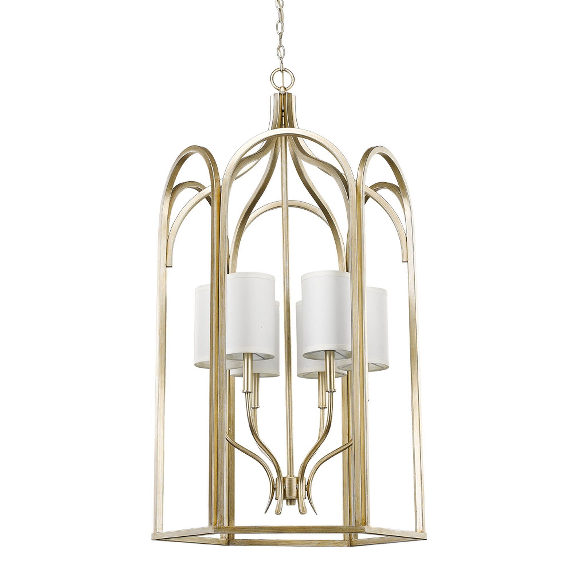 Shown in Washed Gold finish and White glass and White Fabric s shade