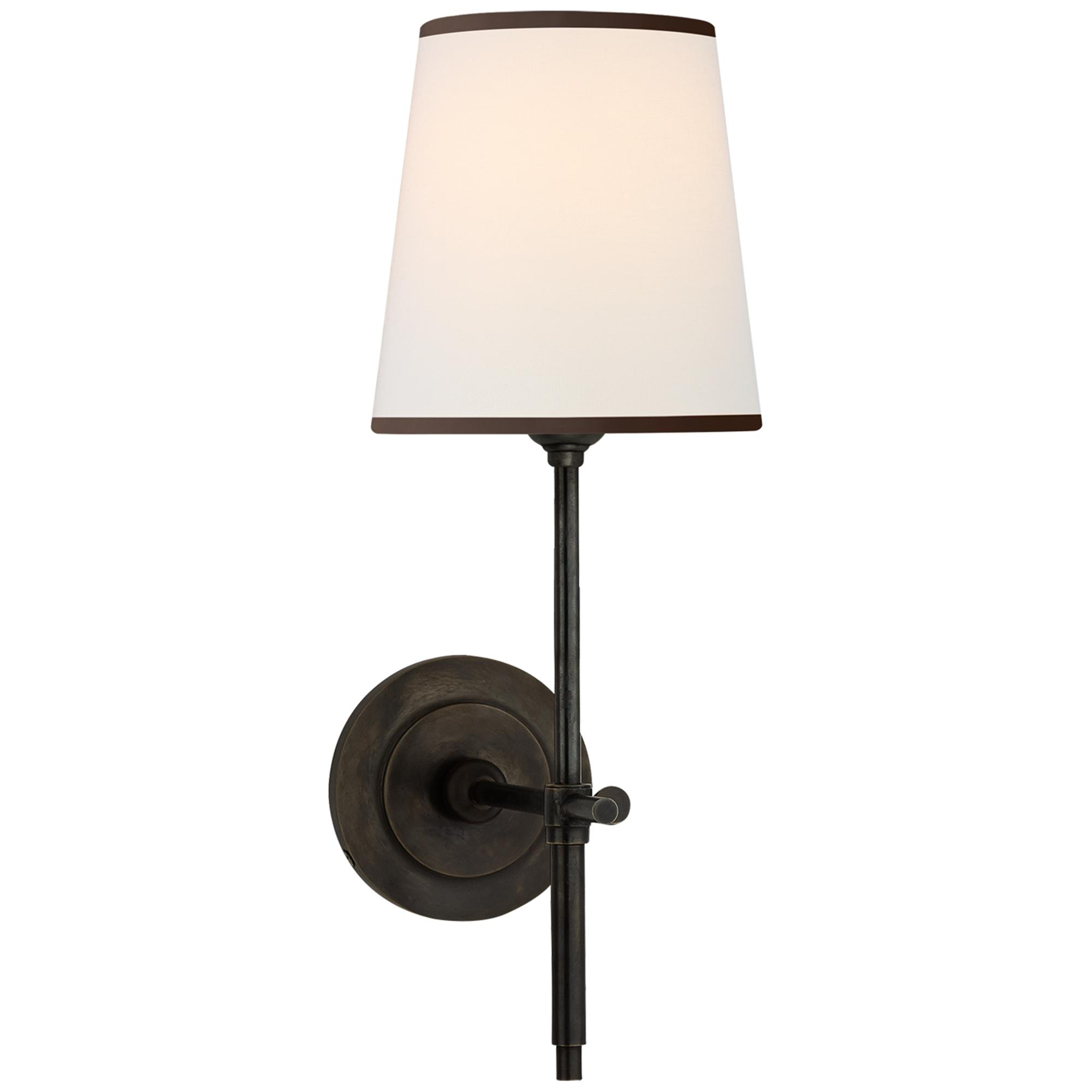 Shown in Bronze finish and Linen with Black Trim shade
