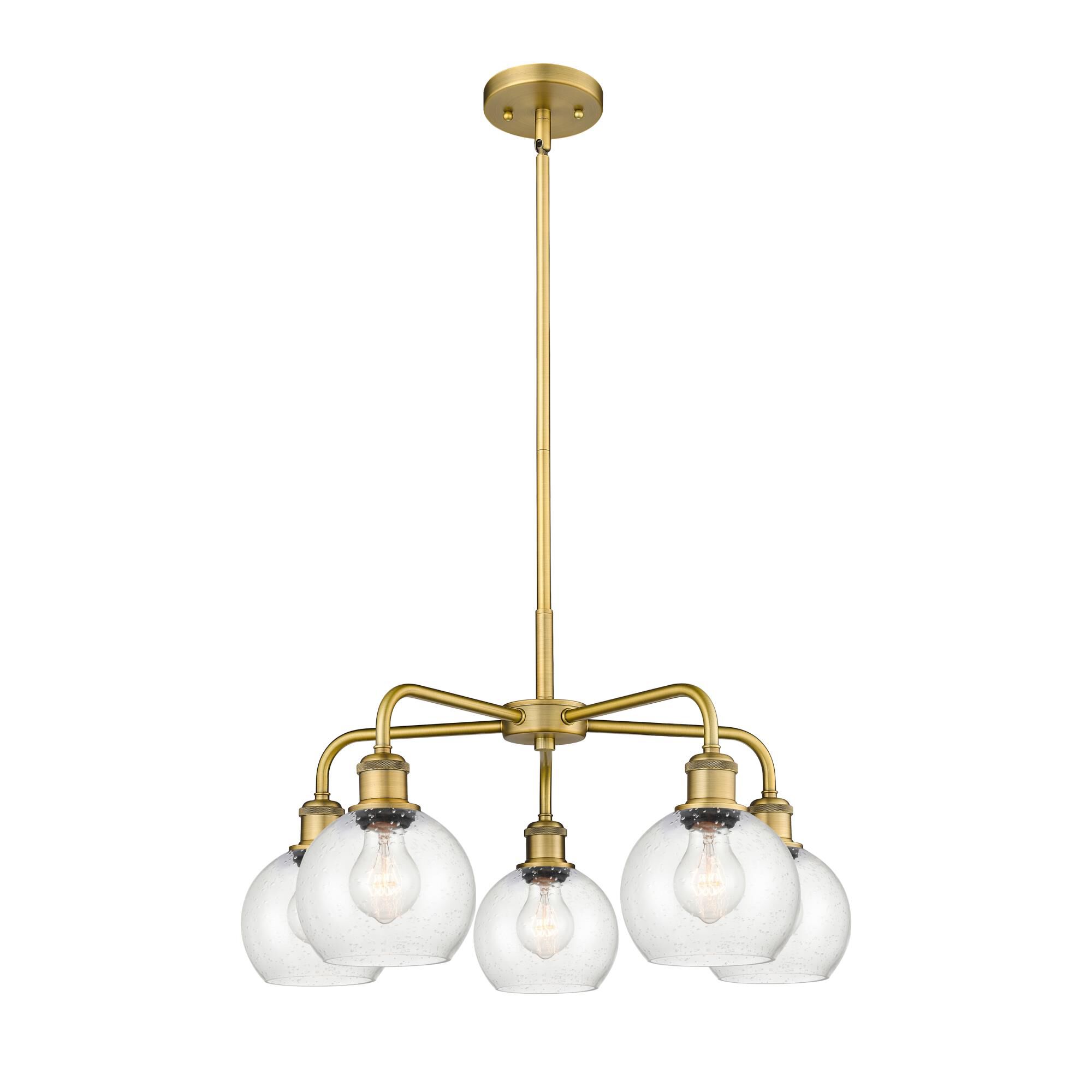 Shown in Brushed Brass finish and Seedy glass