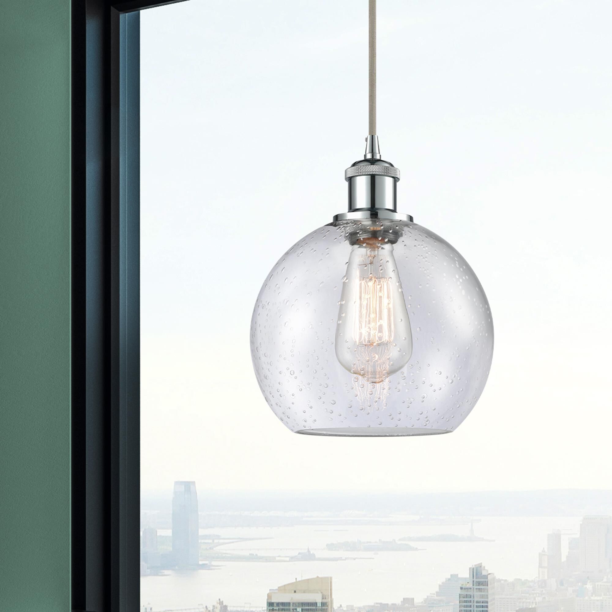 Shown in Polished Chrome finish and Seedy glass