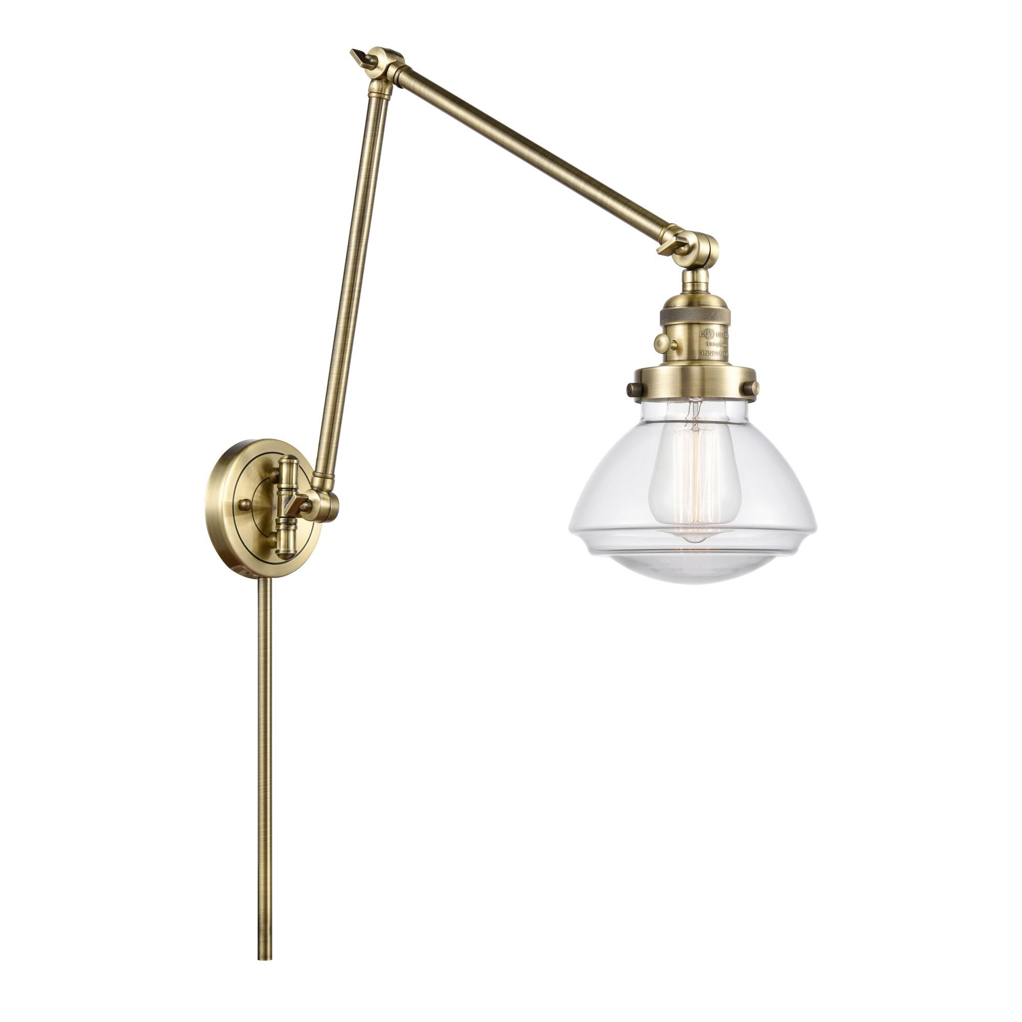 Shown in Antique Brass finish and Clear Olean glass