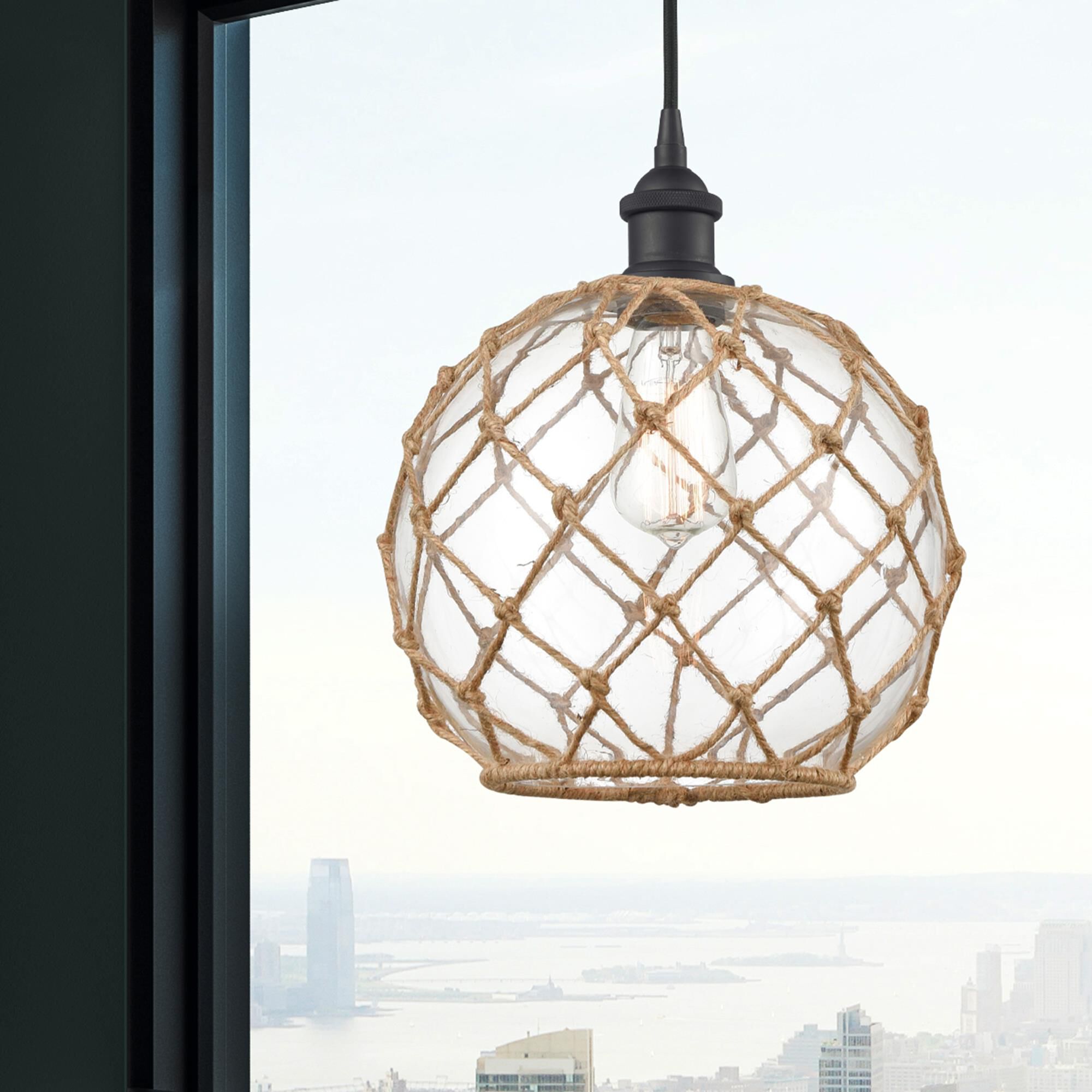 Shown in Matte Black finish and Clear With Black Rope glass