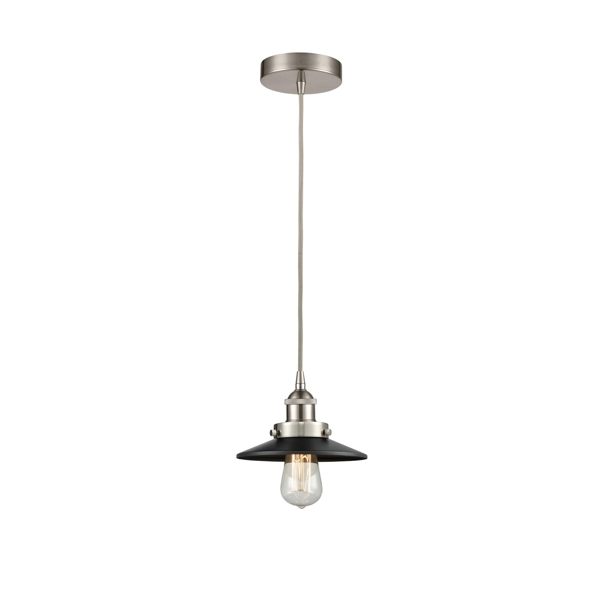 Shown in Brushed Satin Nickel finish and Brushed Satin Nickel Railroad shade