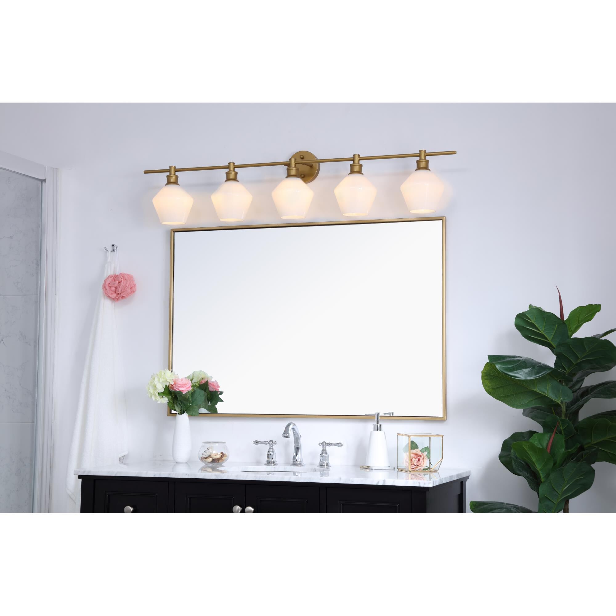 Shown in Brass finish and Frosted White  glass