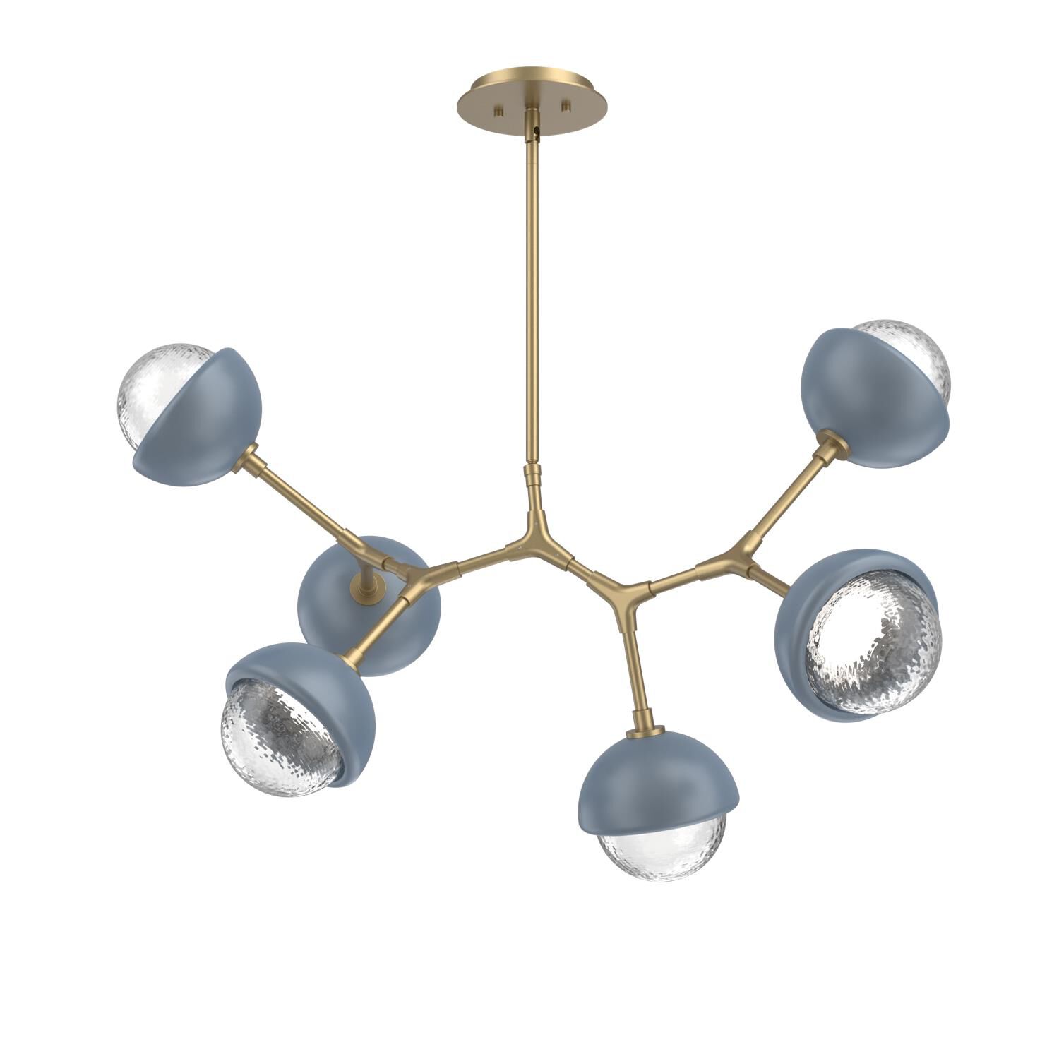 Shown in Gilded Brass finish and Clear glass and Poppy Blue accent