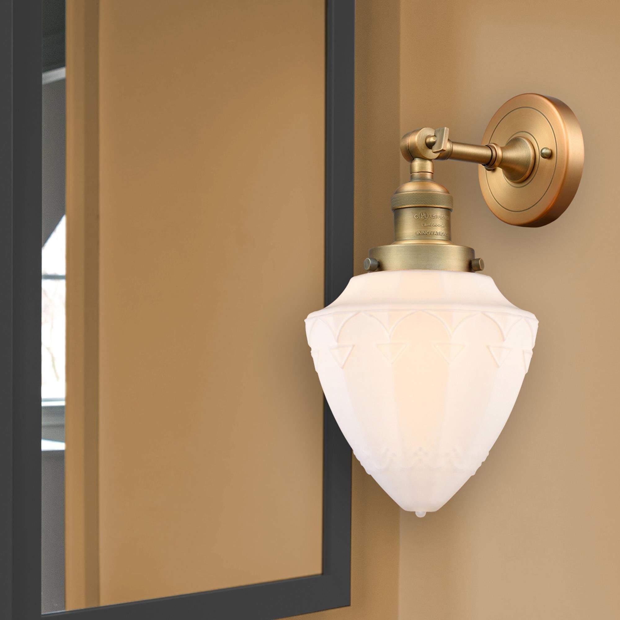 Shown in Brushed Brass finish and Matte White Cased Small Bullet glass