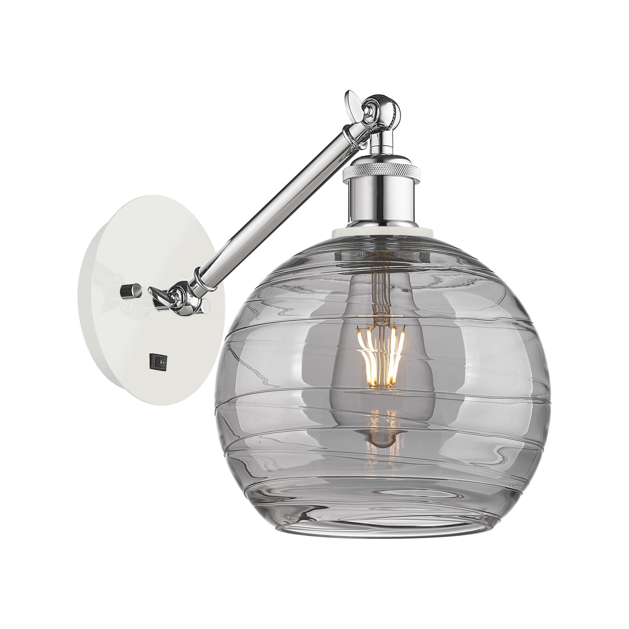 Shown in White Polished Chrome finish and Light Smoke Deco Swirl glass