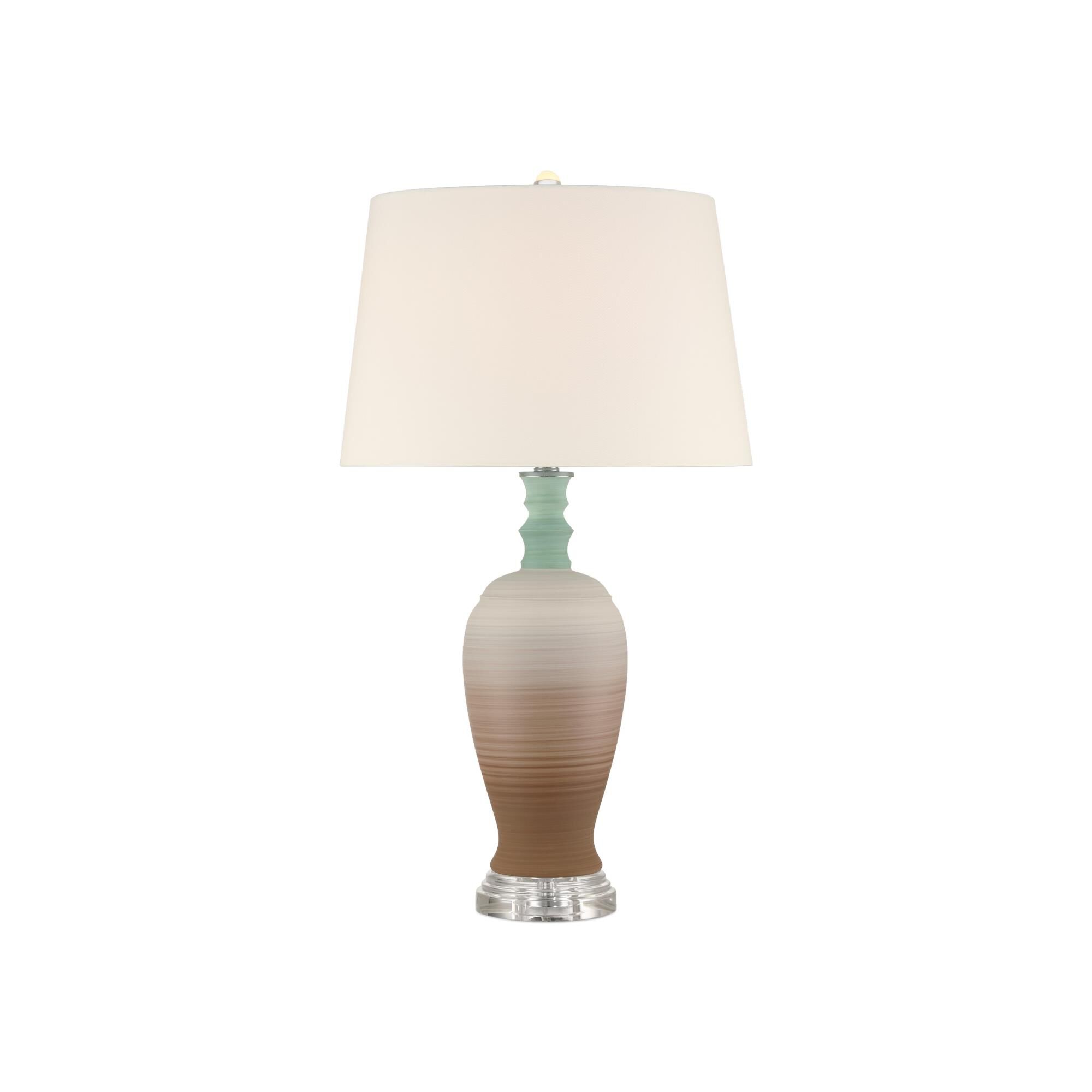 Shown in Brown, Light Blue and Clear finish and Bone Fabric/Blue Lining/Hardback/Rolled Edge shade