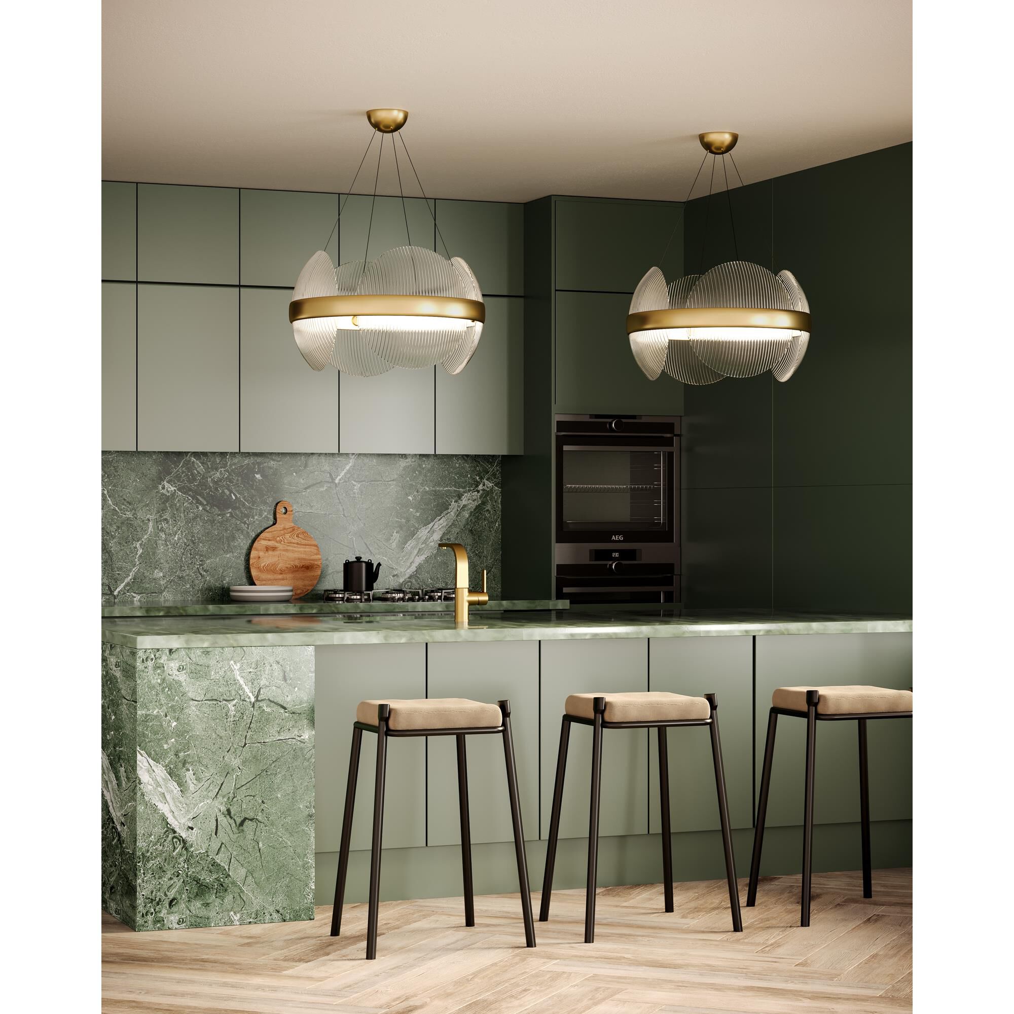 Shown in Vintage Brass finish and Clear Ribbed glass