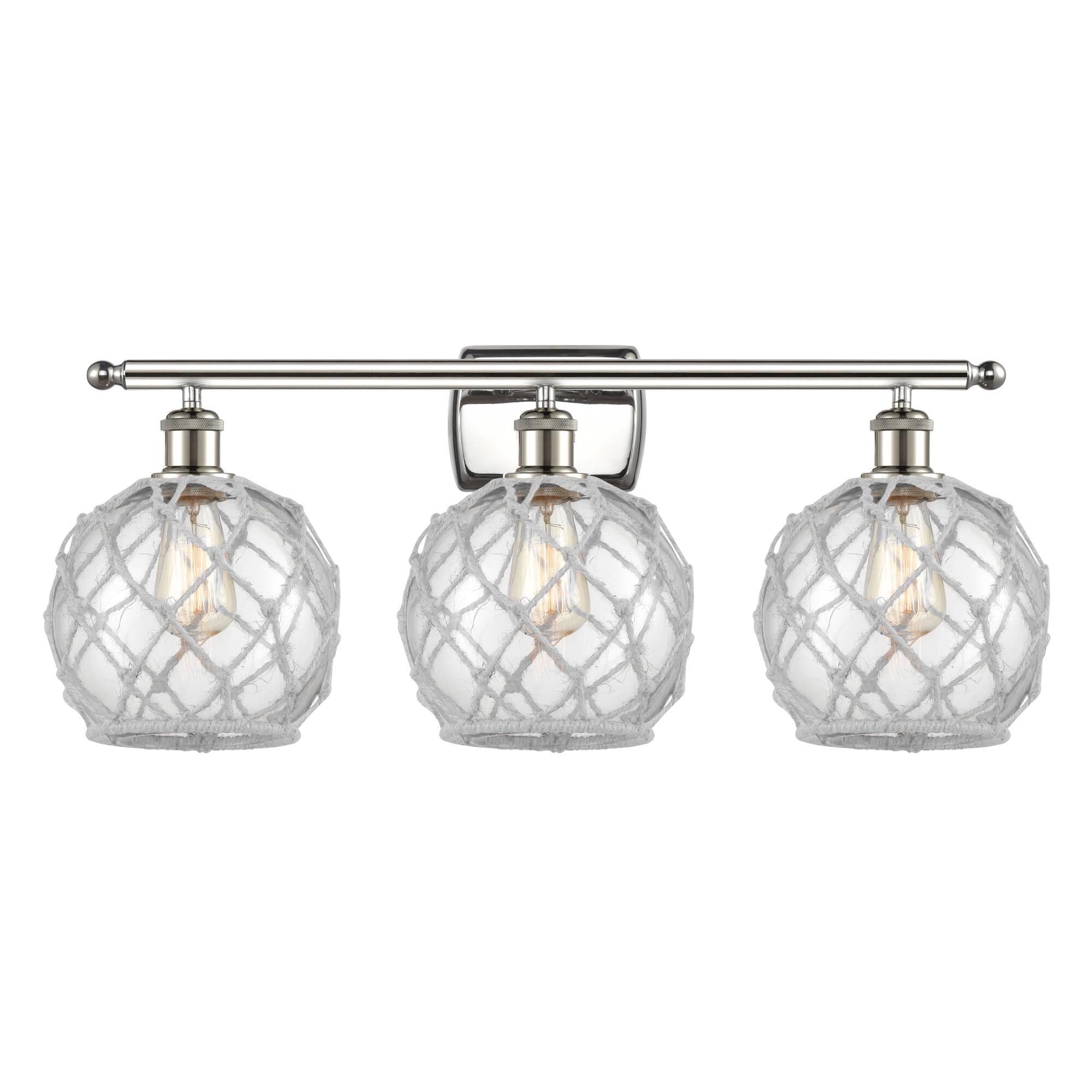 Shown in Polished Nickel finish and Clear glass and White Rope accent