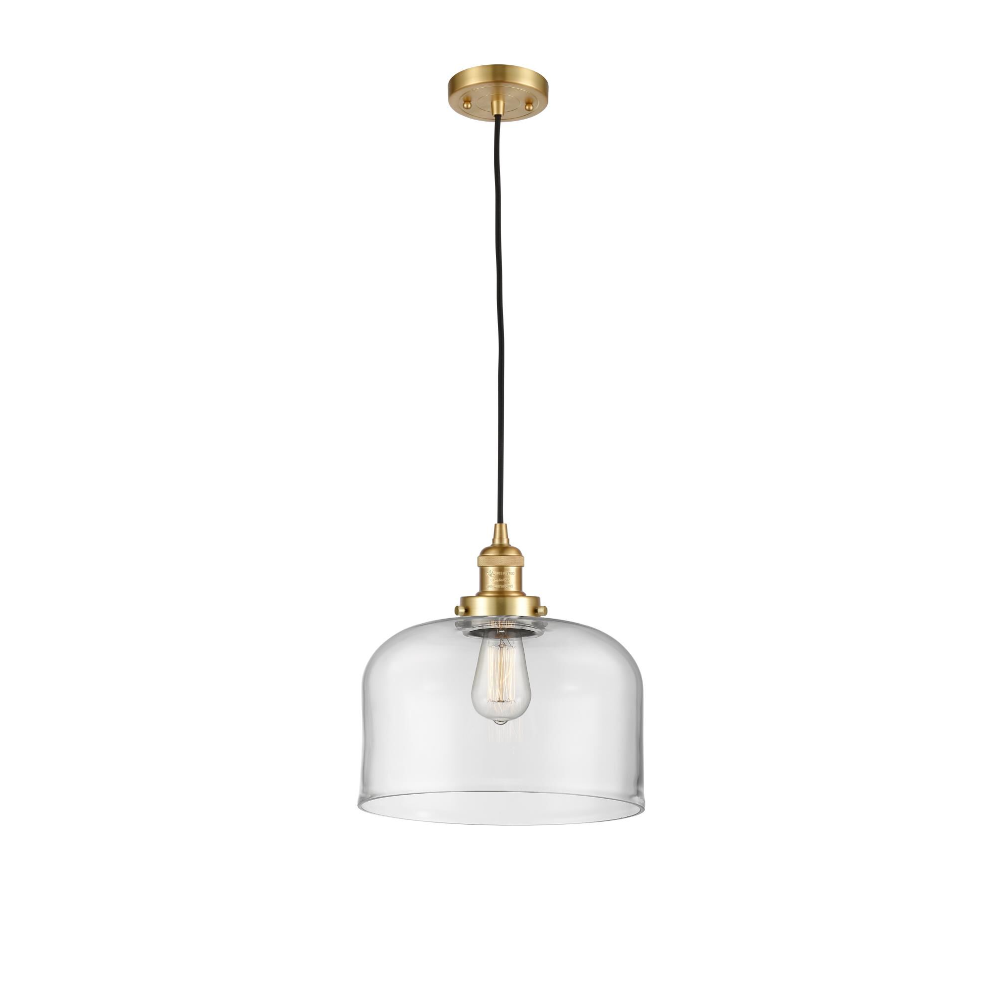 Shown in Satin Gold finish and Clear X-Large Bell glass