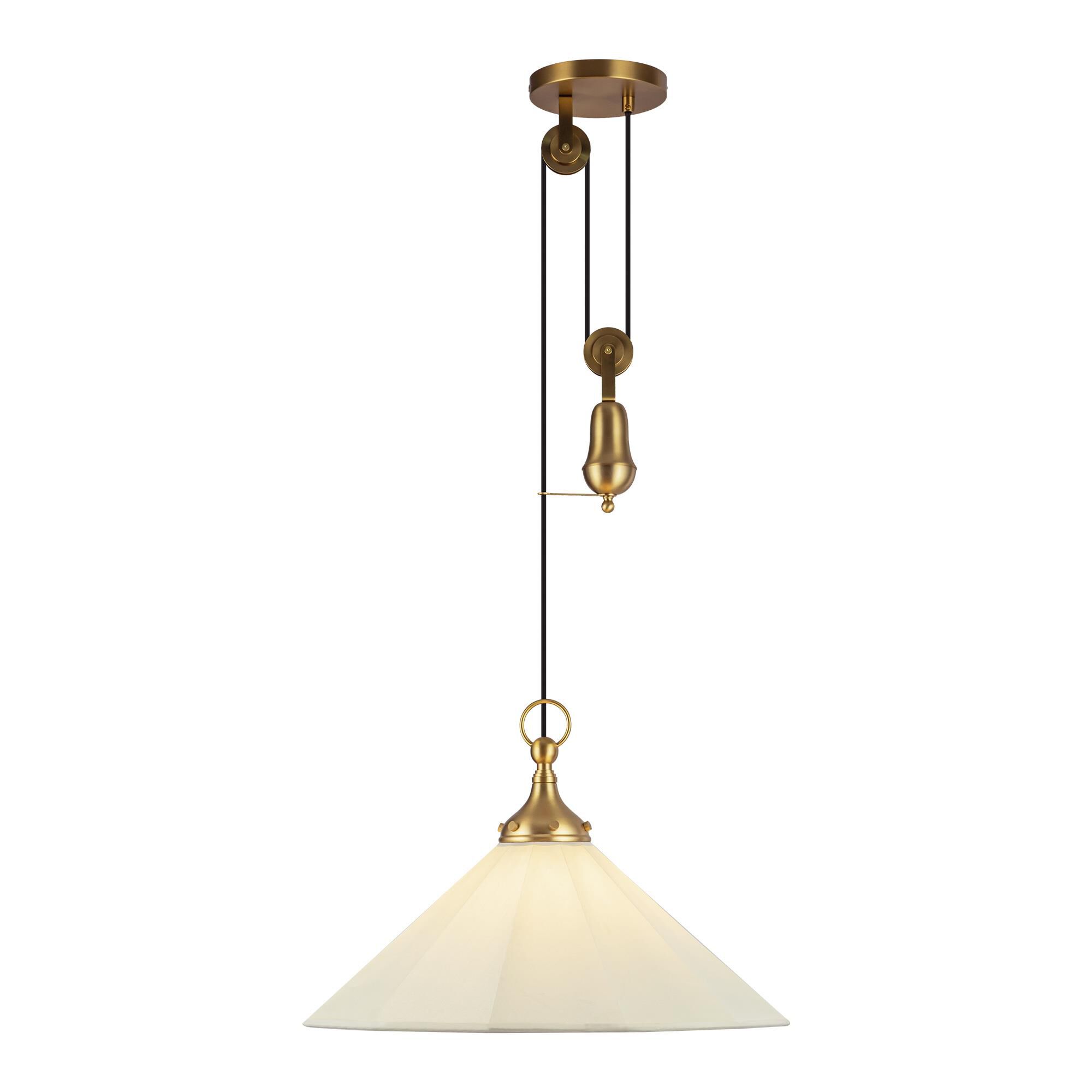 Shown in Brushed Gold finish and White Linen shade