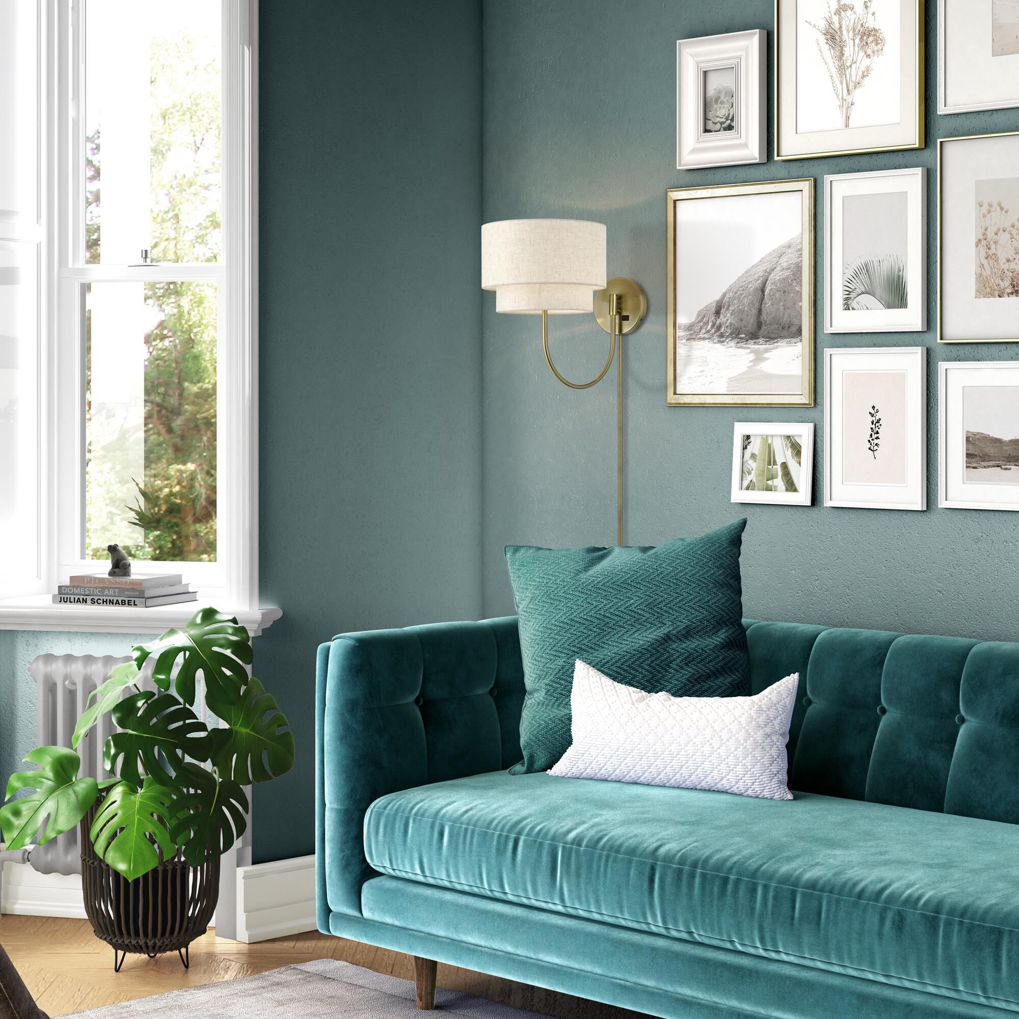 Shown in Antique Brass finish and Hand Crafted Oatmeal Color Fabric with White Color Inside shade